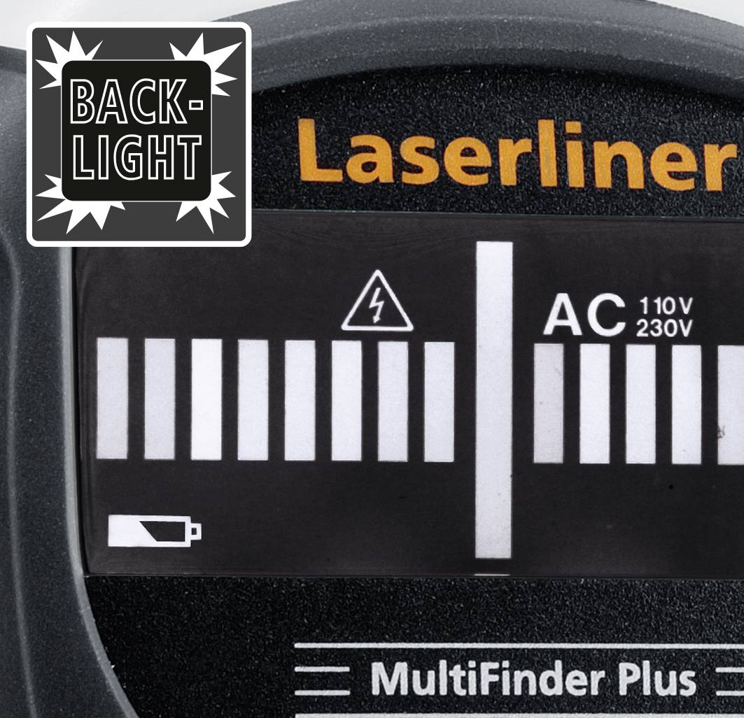 Affichage 'Laserliner MultiFinder Plus'. Affiche des symboles pour l'état de la batterie, la tension (CA 110V/230V). Accent sur la fonction de rétroéclairage et les symboles scientifiques.