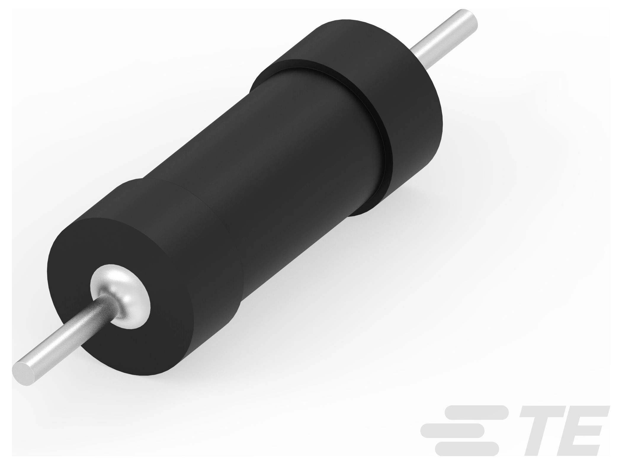 Composant électronique cylindrique noir avec des tiges métalliques s'étendant des deux extrémités, probablement une inductance. Logo TE dans le coin inférieur droit.