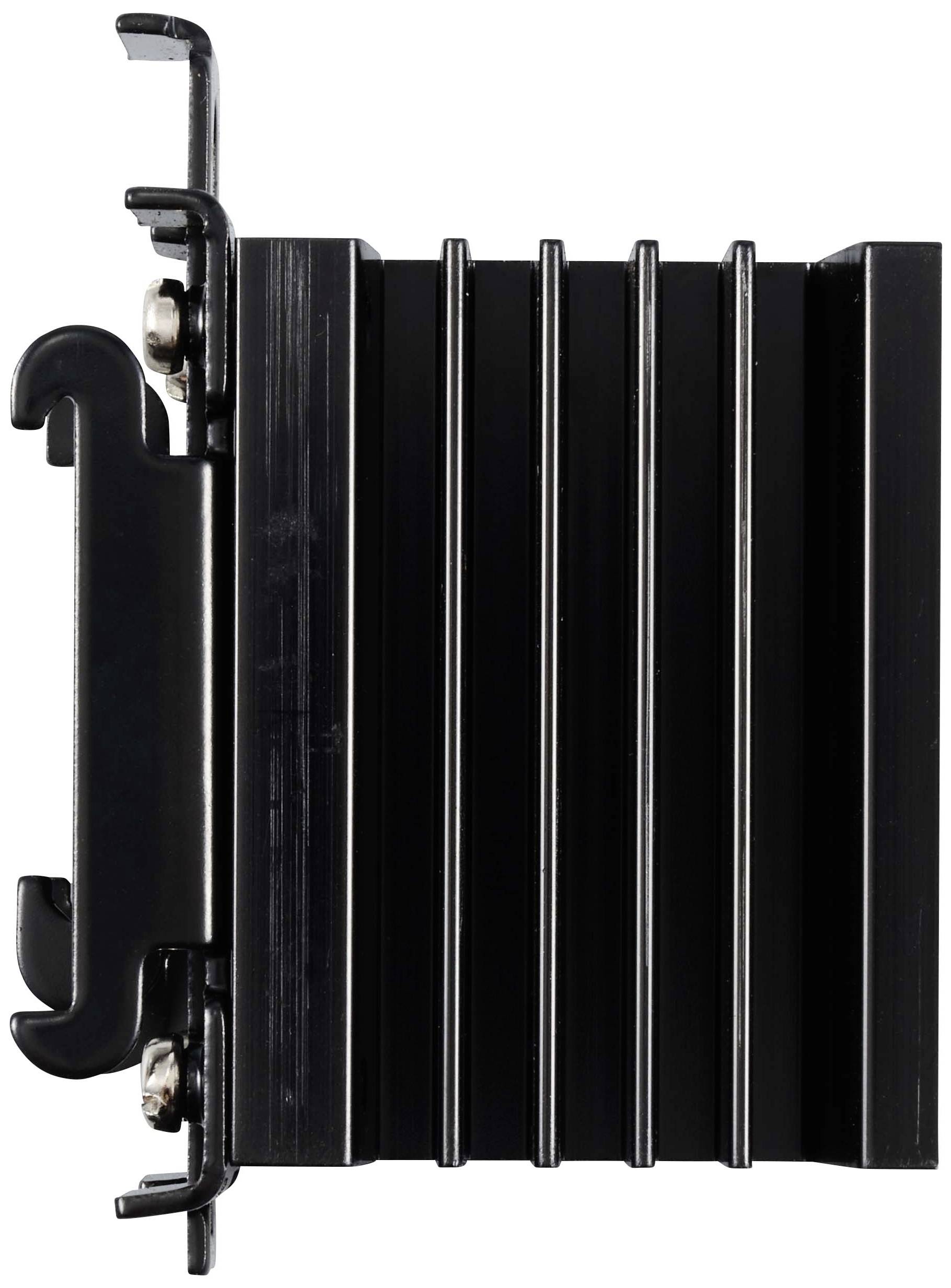 Un dissipateur thermique noir, à nervures étroites, orienté verticalement, avec des crochets et des vis de montage sur les côtés.