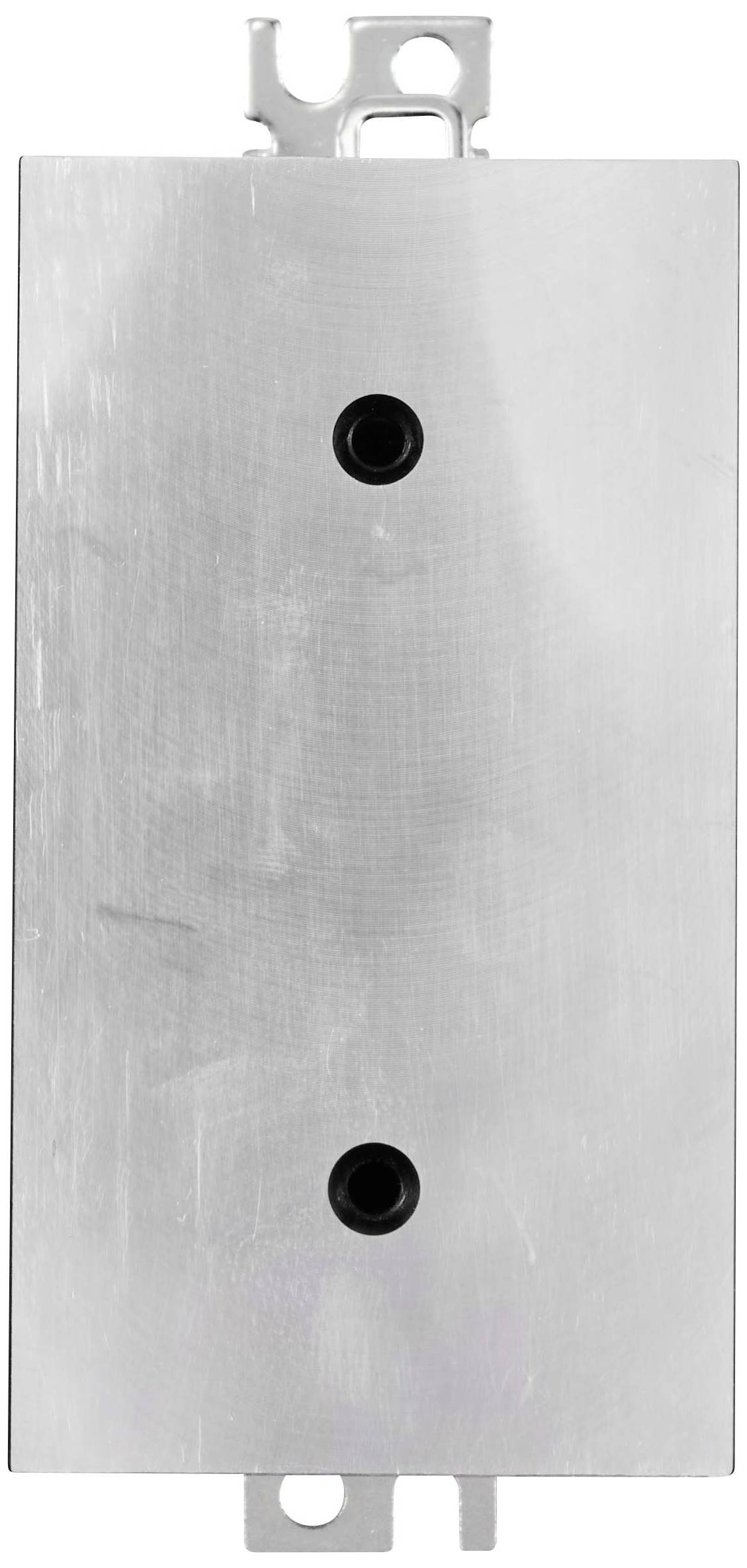 Plaque rectangulaire en métal avec deux trous de vis au centre, surface légèrement réfléchissante. Une patte de fixation est visible en haut et en bas.
