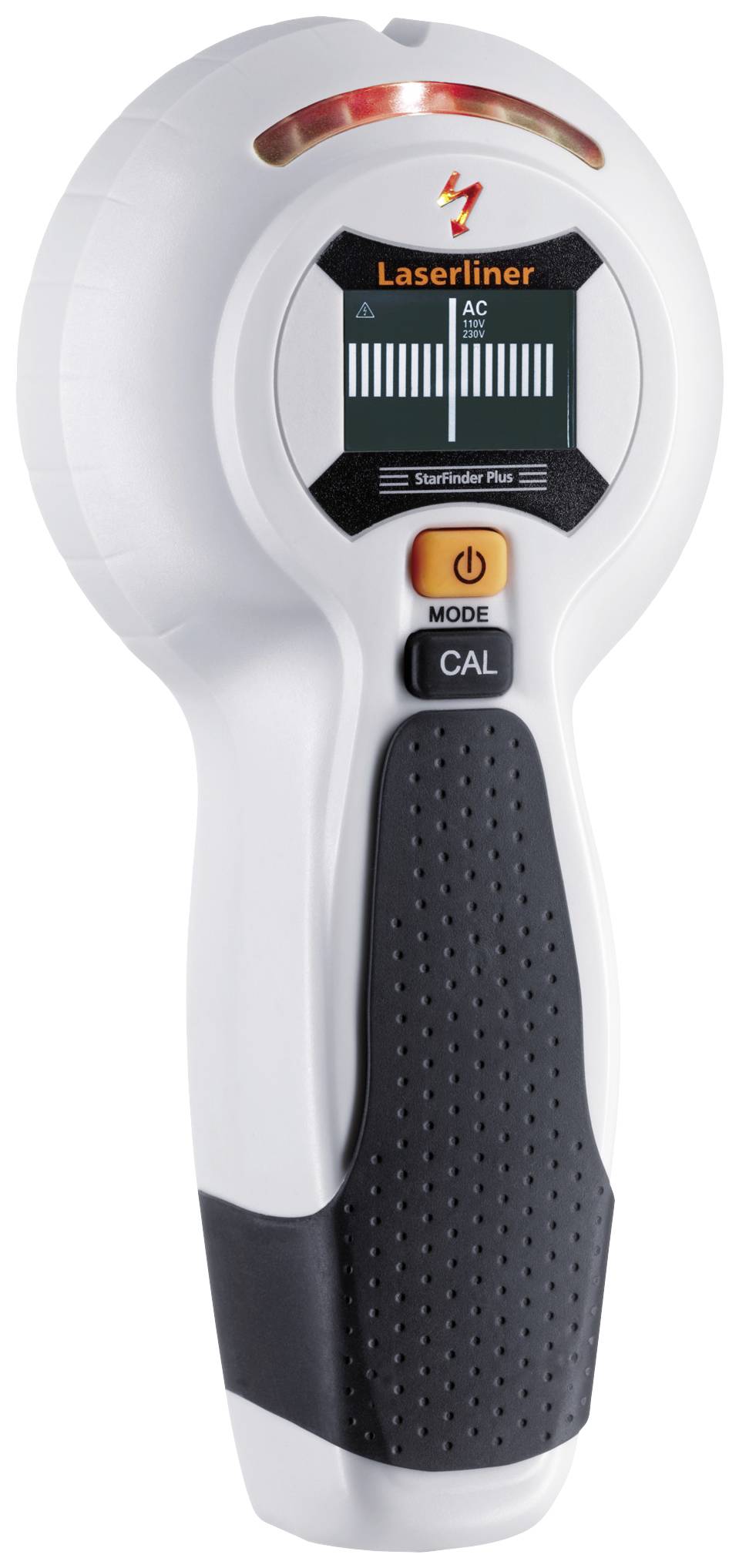 Un détecteur électronique avec écran pour localiser les conduits et les câbles dans les murs, tenu en position verticale.