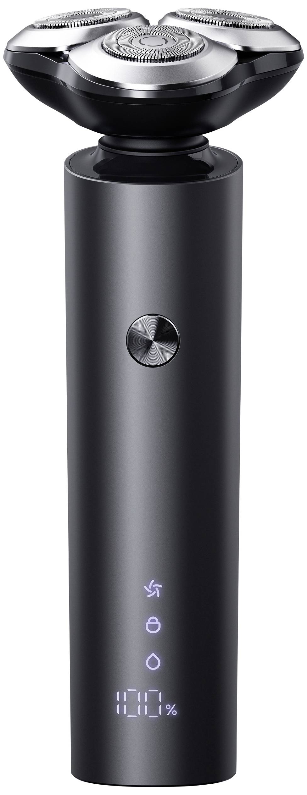 Rasoir électrique à tête rotative, boîtier noir, affichant la charge de batterie restante de 100% sur un écran numérique.