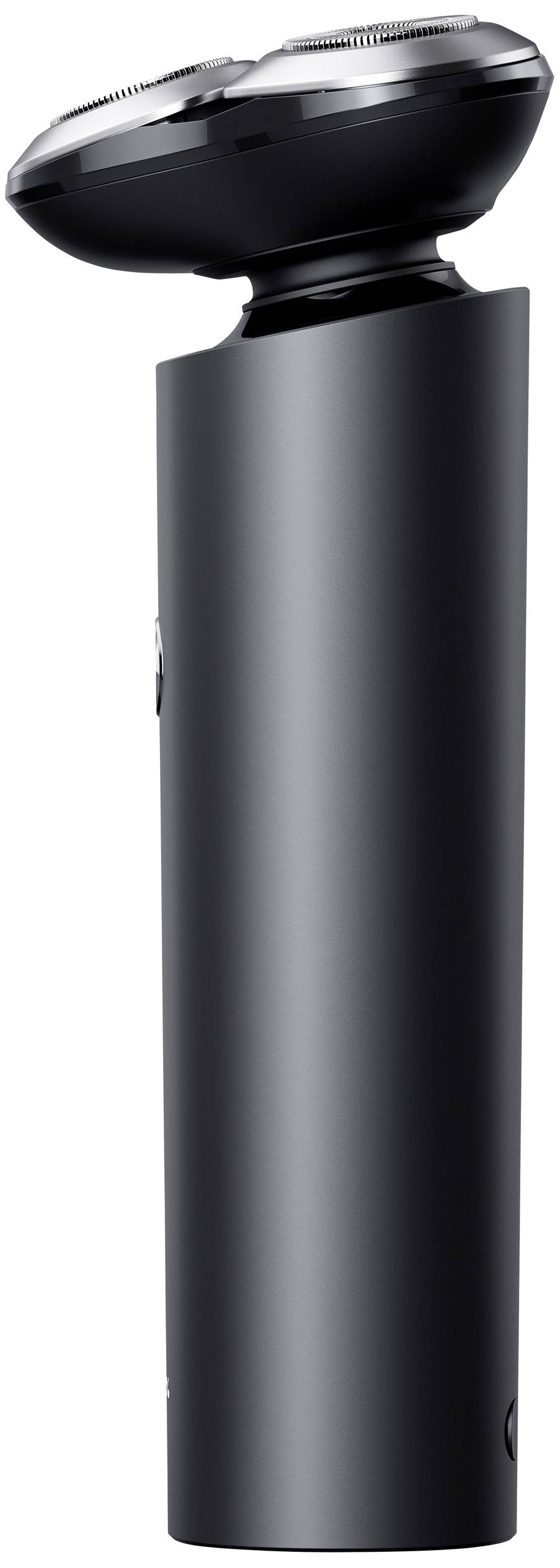 Rasoir électrique avec une poignée fine gris foncé et deux têtes de coupe rondes.