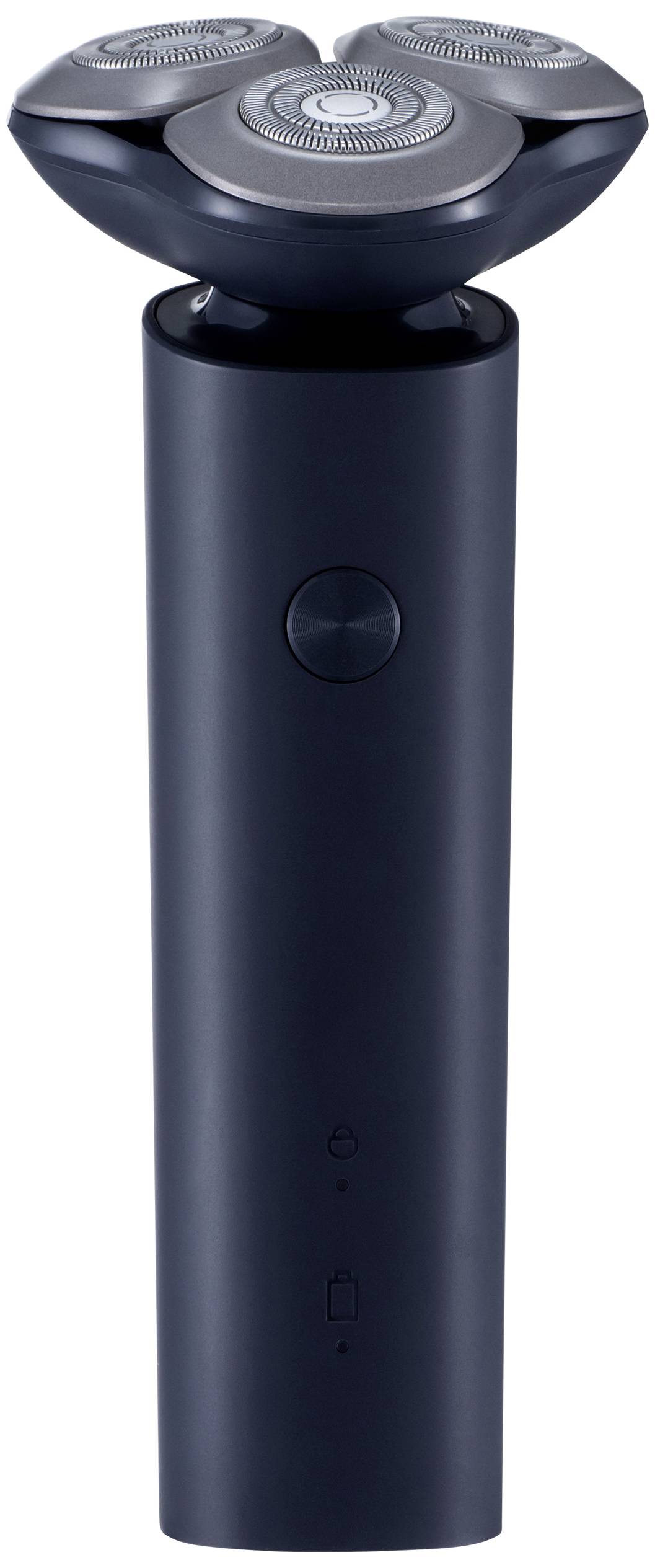 Rasoir électrique noir avec trois têtes de coupe rondes et un bouton de commande sur la poignée, posé verticalement.