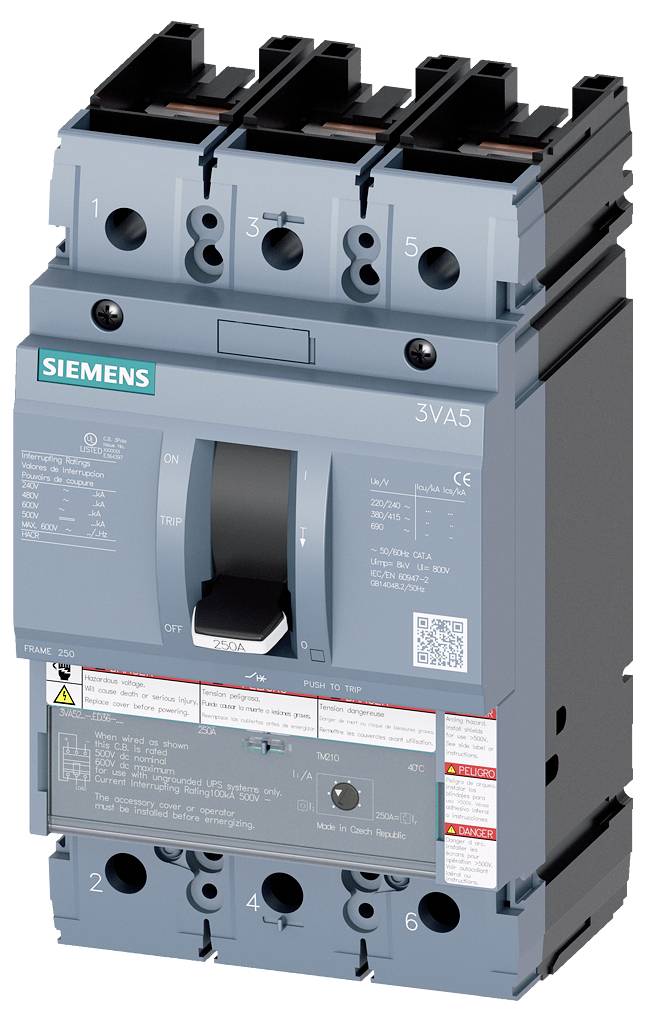 Disjoncteur de puissance Siemens 3VA5, tripolaire, avec poignée de commutation, détails techniques et informations de sécurité sur étiquette.