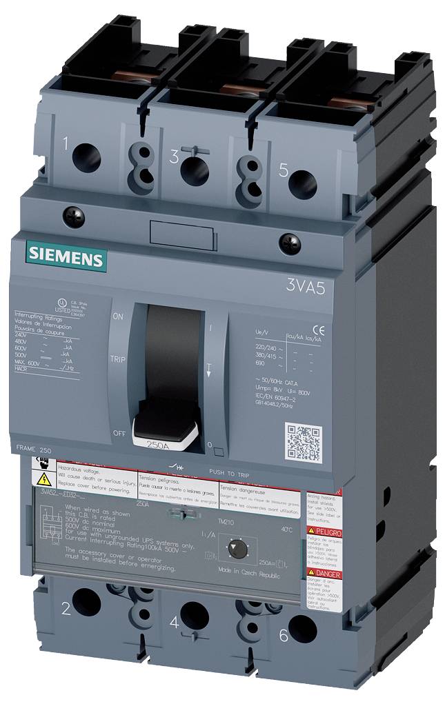 Disjoncteur de puissance Siemens 3VA5, tripolaire, gris, adapté aux applications de protection électrique industrielle.