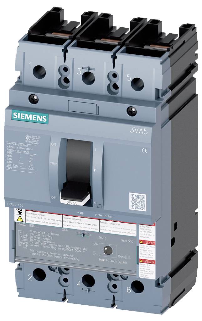 Disjoncteur de puissance Siemens 3VA5, gris. Adapté aux applications industrielles pour la protection et le contrôle des circuits électriques.