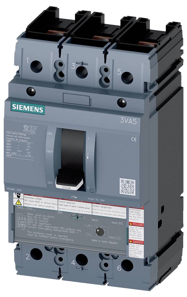 Un disjoncteur de puissance Siemens 3VA5 gris avec interrupteur, plusieurs connexions et désignations de type sur la face avant.