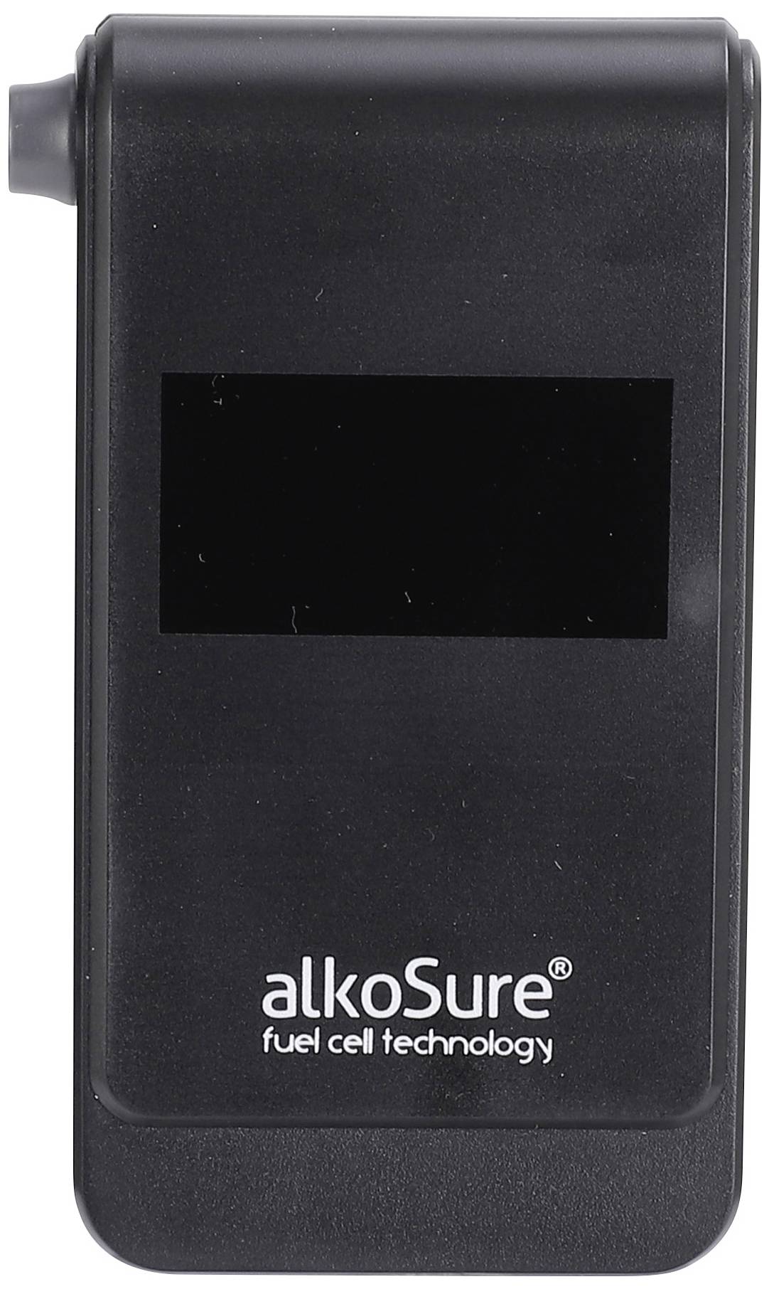 Un éthylotest noir portant l'inscription « alkoSure fuel cell technology » sur sa face avant.