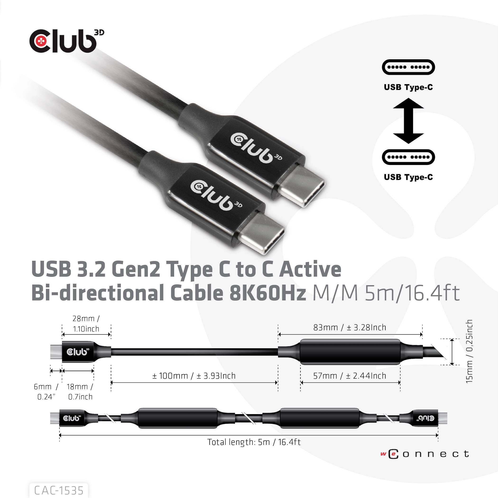 club3D Câble USB-C USB-C® mâle 5.00 m noir CAC-1535