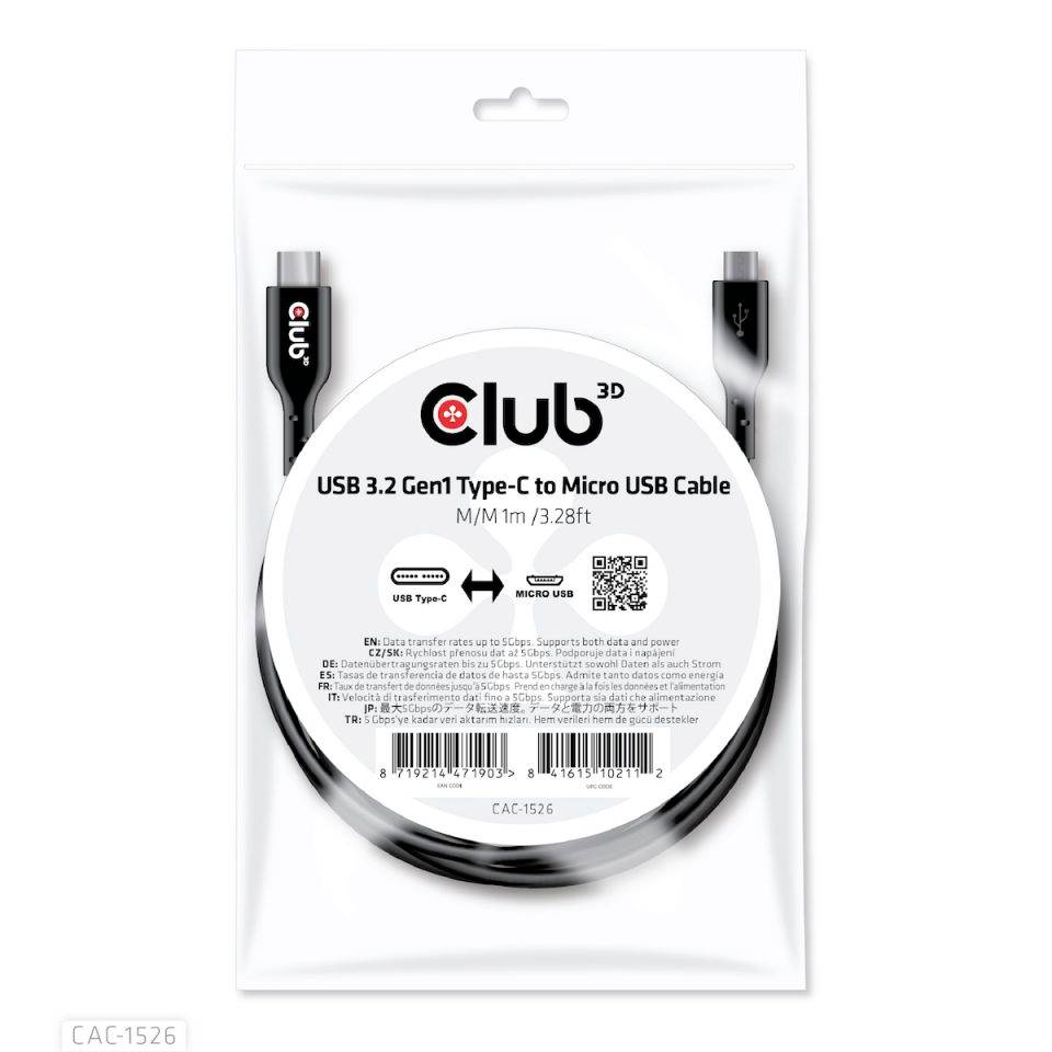 club3D Câble USB USB 3.2 Gen1 USB-C® mâle, USB-Micro-B mâle 1.00 m noir CAC-1526