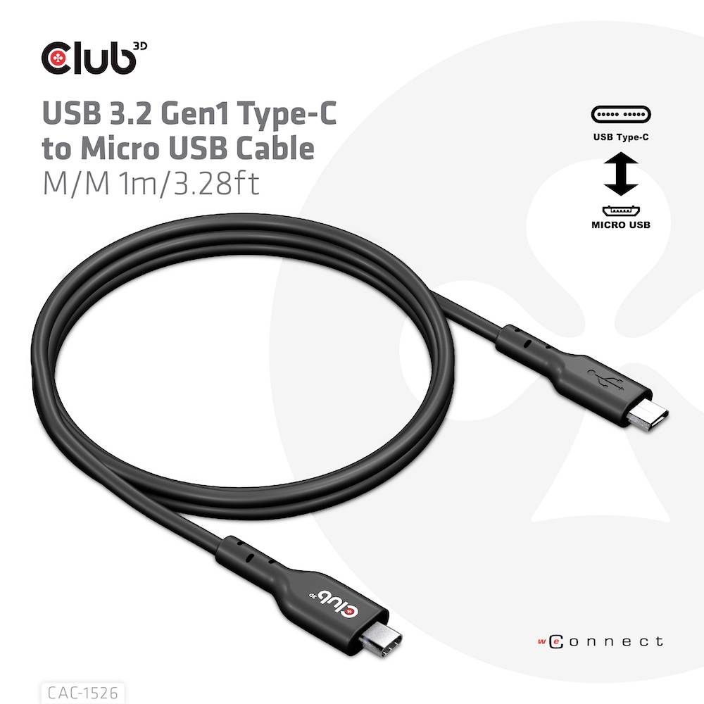 club3D Câble USB USB 3.2 Gen1 USB-C® mâle, USB-Micro-B mâle 1.00 m noir CAC-1526