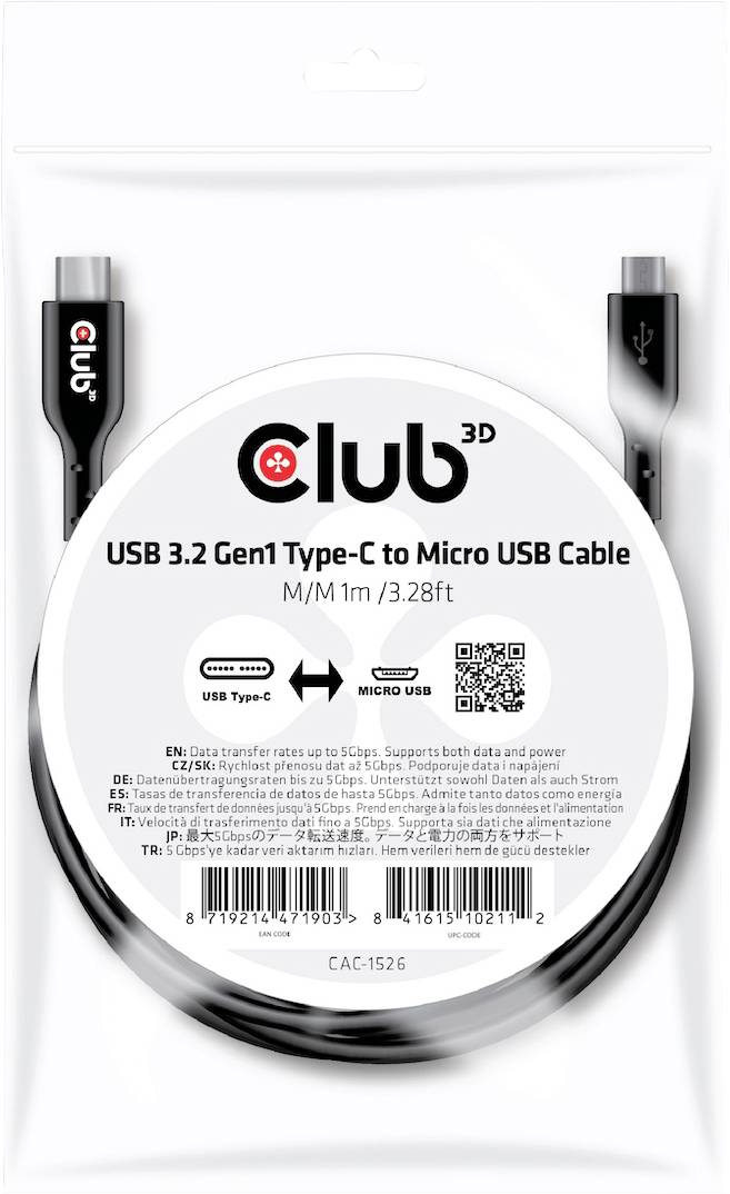 club3D Câble USB USB 3.2 Gen1 USB-C® mâle, USB-Micro-B mâle 1.00 m noir CAC-1526