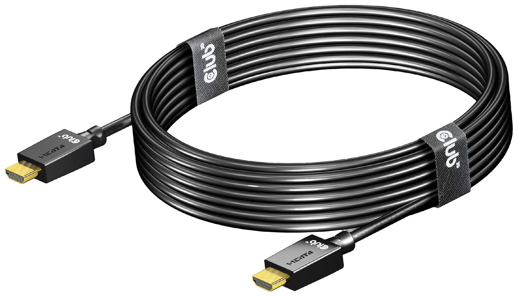 Un long câble HDMI noir avec des connecteurs dorés, adapté aux connexions audio et vidéo haute définition.