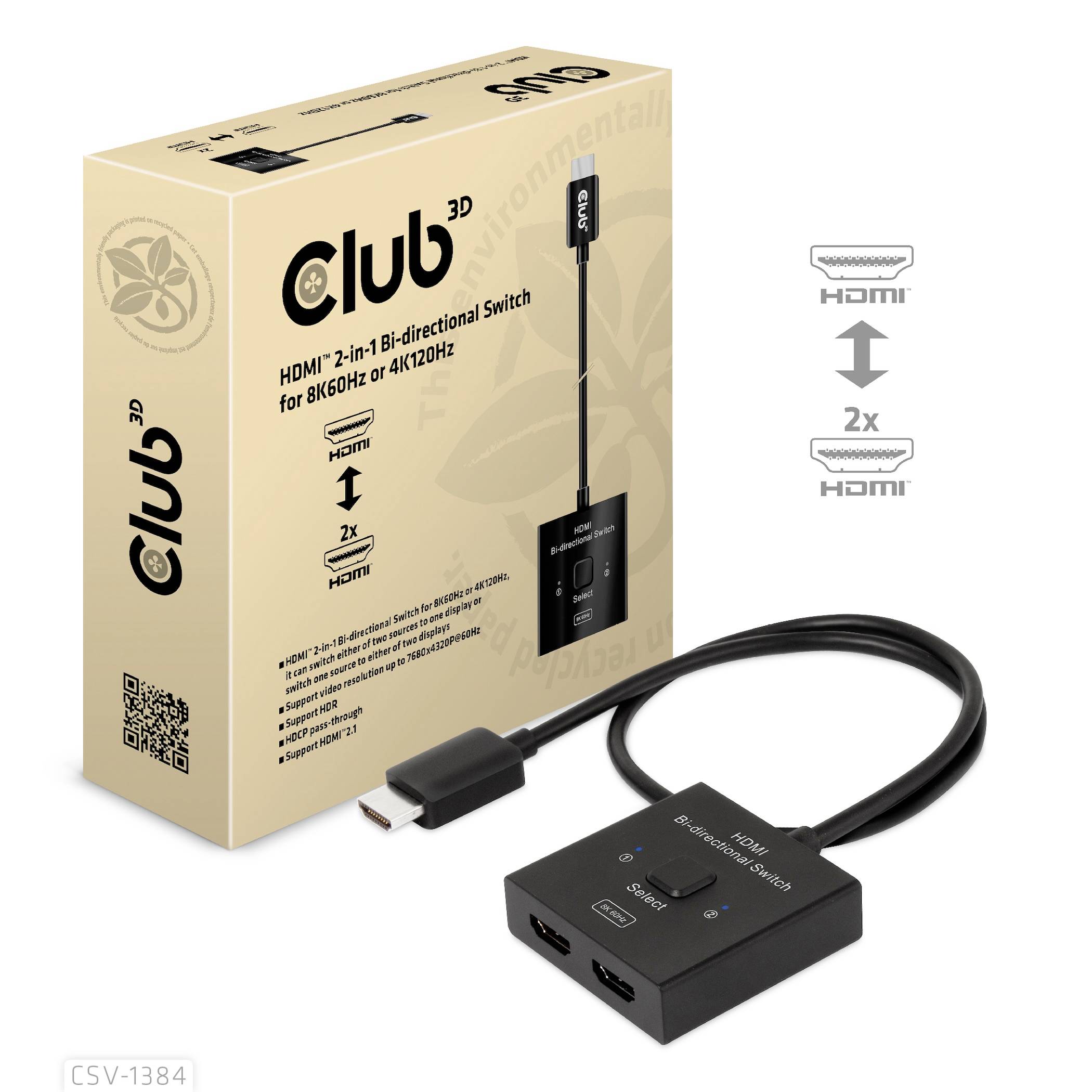 Boîte étiquetée 'Club 3D HDMI 2.1 Commutateur Bidirectionnel'. Contient un commutateur avec deux entrées HDMI, une sortie HDMI et un câble.