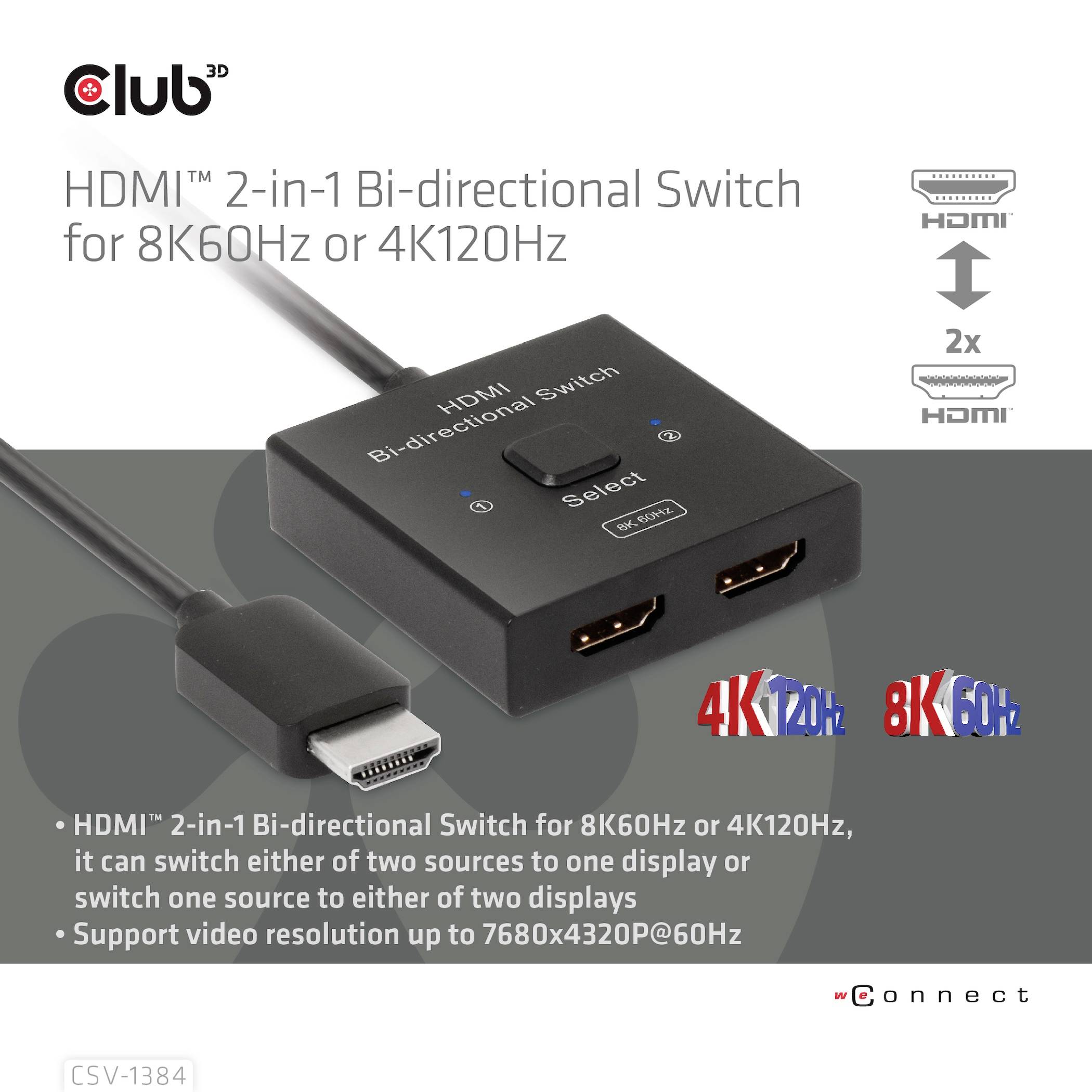 Commutateur HDMI bidirectionnel 2 en 1. Permet de basculer entre deux écrans ou sources avec une prise en charge jusqu'à 8K60Hz/4K120Hz.