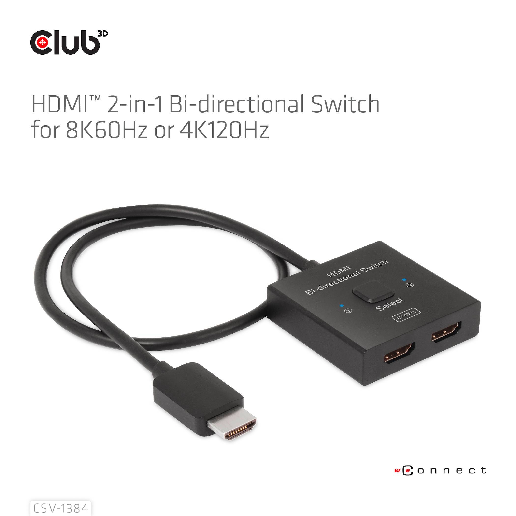 Commutateur HDMI bidirectionnel 2 en 1, compatible avec 8K60Hz ou 4K120Hz, comprenant deux ports HDMI et un câble de connexion.