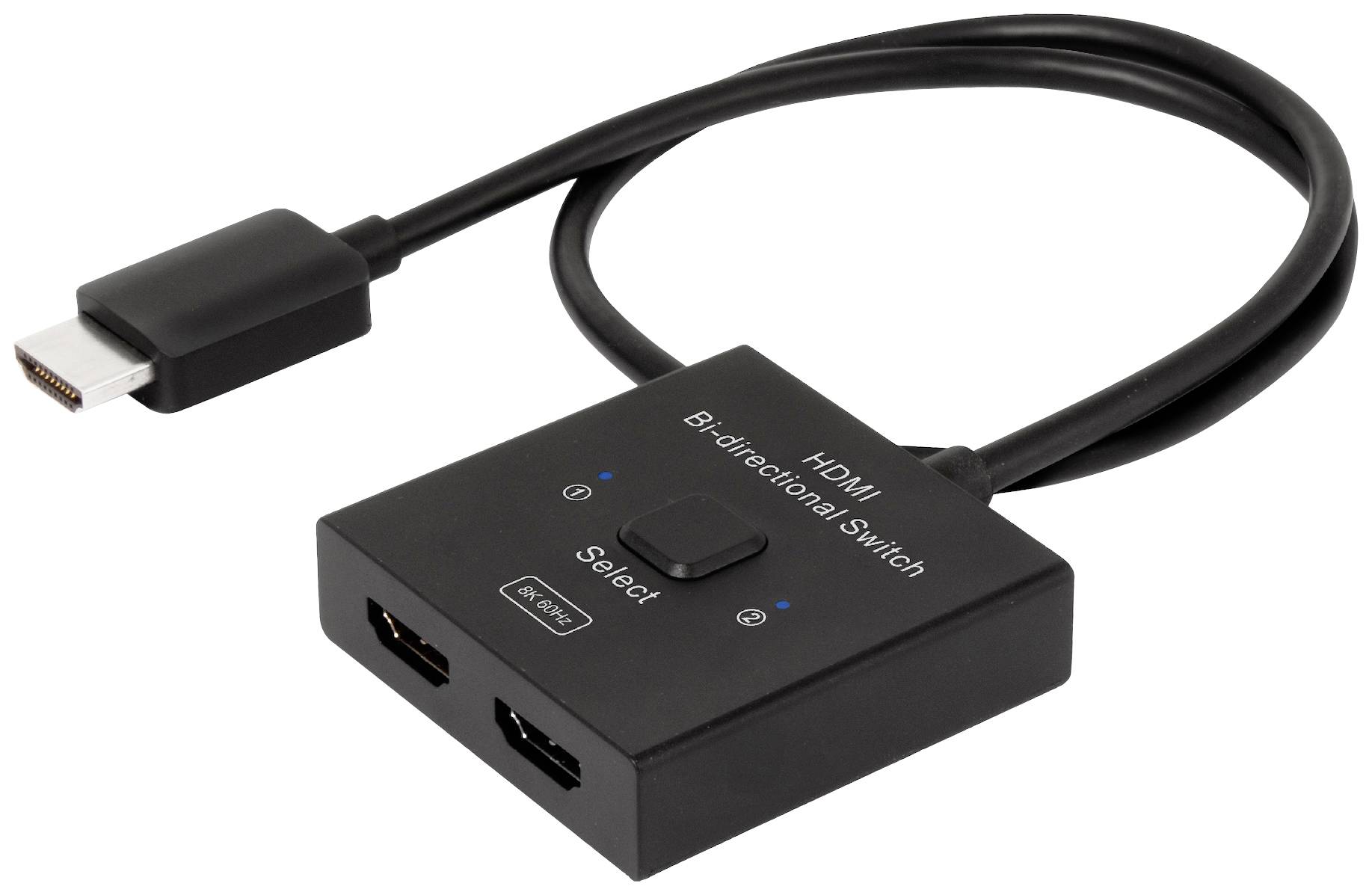 Un commutateur HDMI bidirectionnel noir avec un câble d'entrée et deux sorties, reconnaissable à l'inscription « Commutateur HDMI bidirectionnel ».