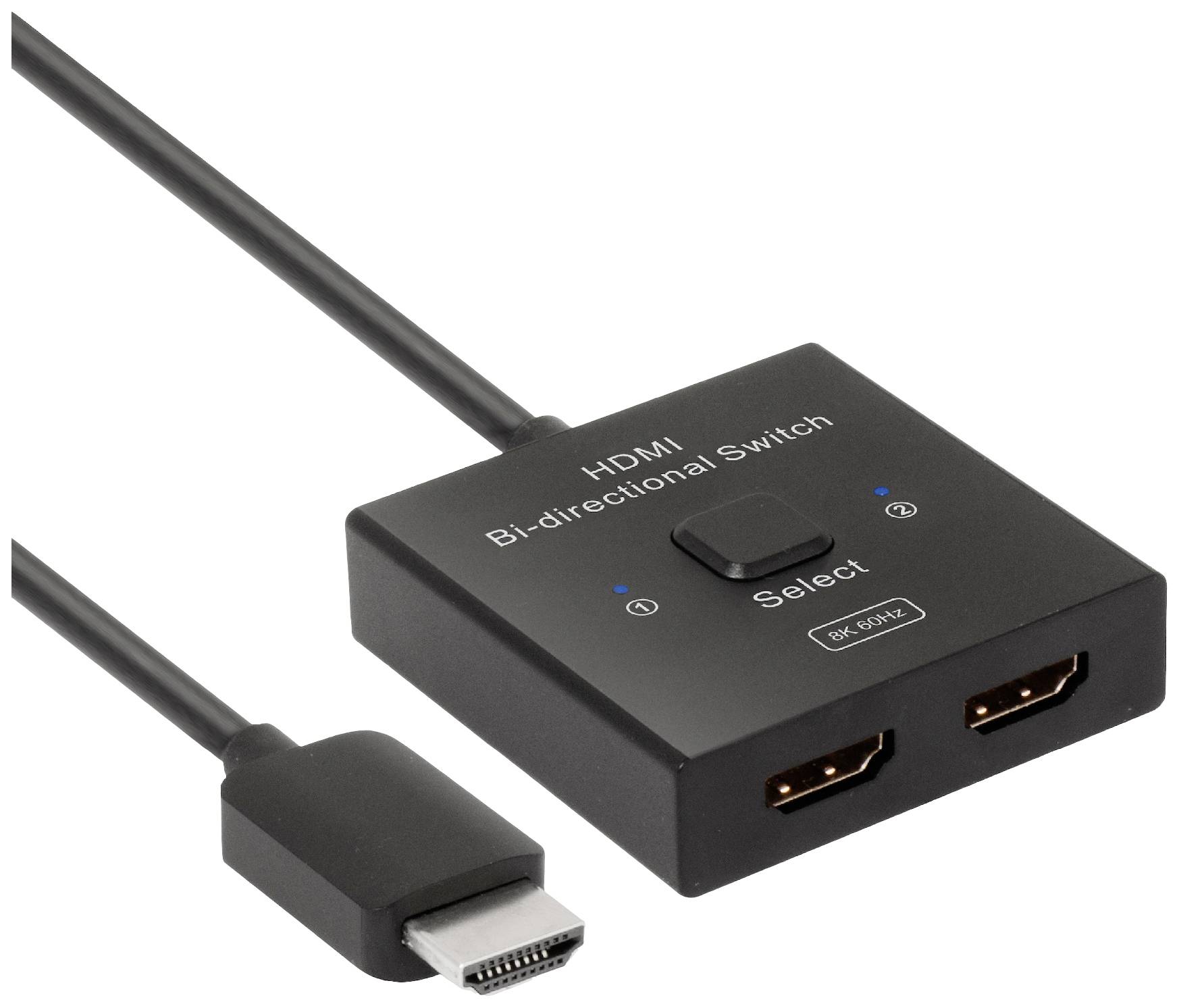 Commutateur HDMI bidirectionnel noir avec deux ports HDMI. Appareil permettant de basculer entre deux sources ou destinations HDMI.