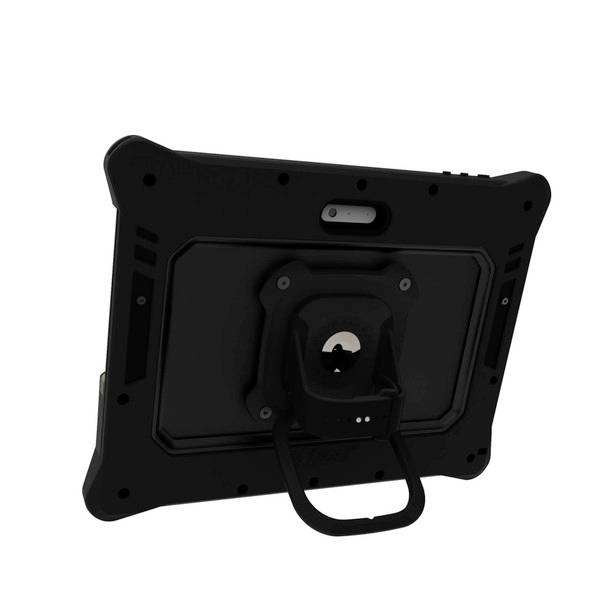 Dos d'une tablette robuste avec poignée et caméra, adaptée à une utilisation dans des environnements exigeants.