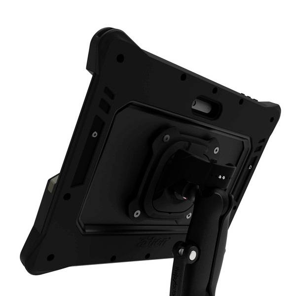 Vue arrière d'une tablette noire montée sur un support réglable.