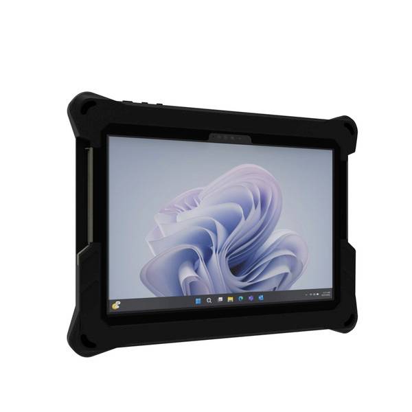 Une tablette robuste avec un boîtier de protection noir, affichant un écran avec un motif abstrait et ondulé.