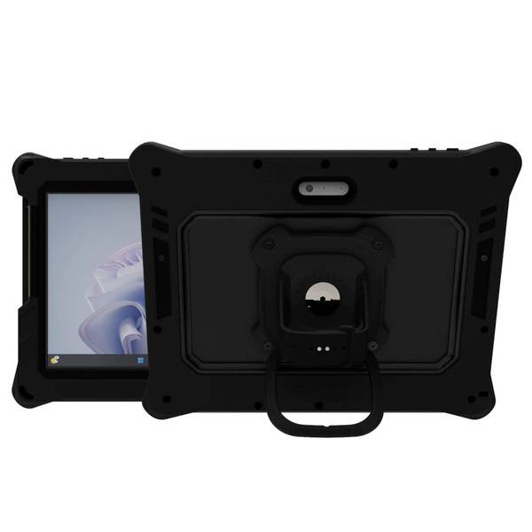 Une tablette robuste avec sa coque de protection, vue de face et arrière, soulignant sa durabilité pour une utilisation dans des environnements exigeants.