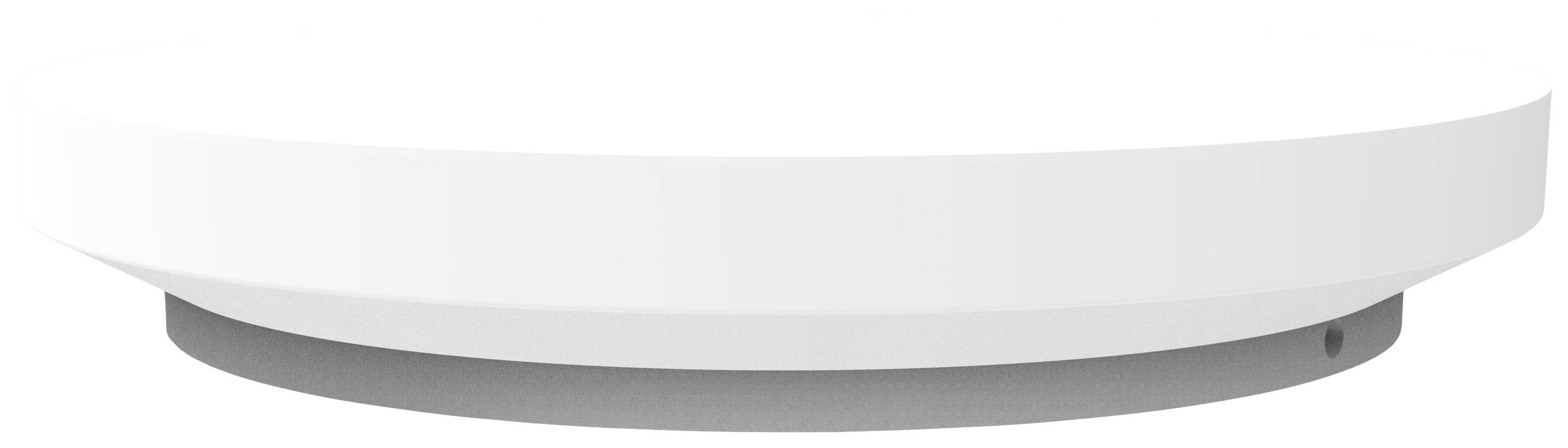 Un détecteur de fumée rond et blanc au plafond. Il a une surface lisse et une petite ouverture sur le côté.