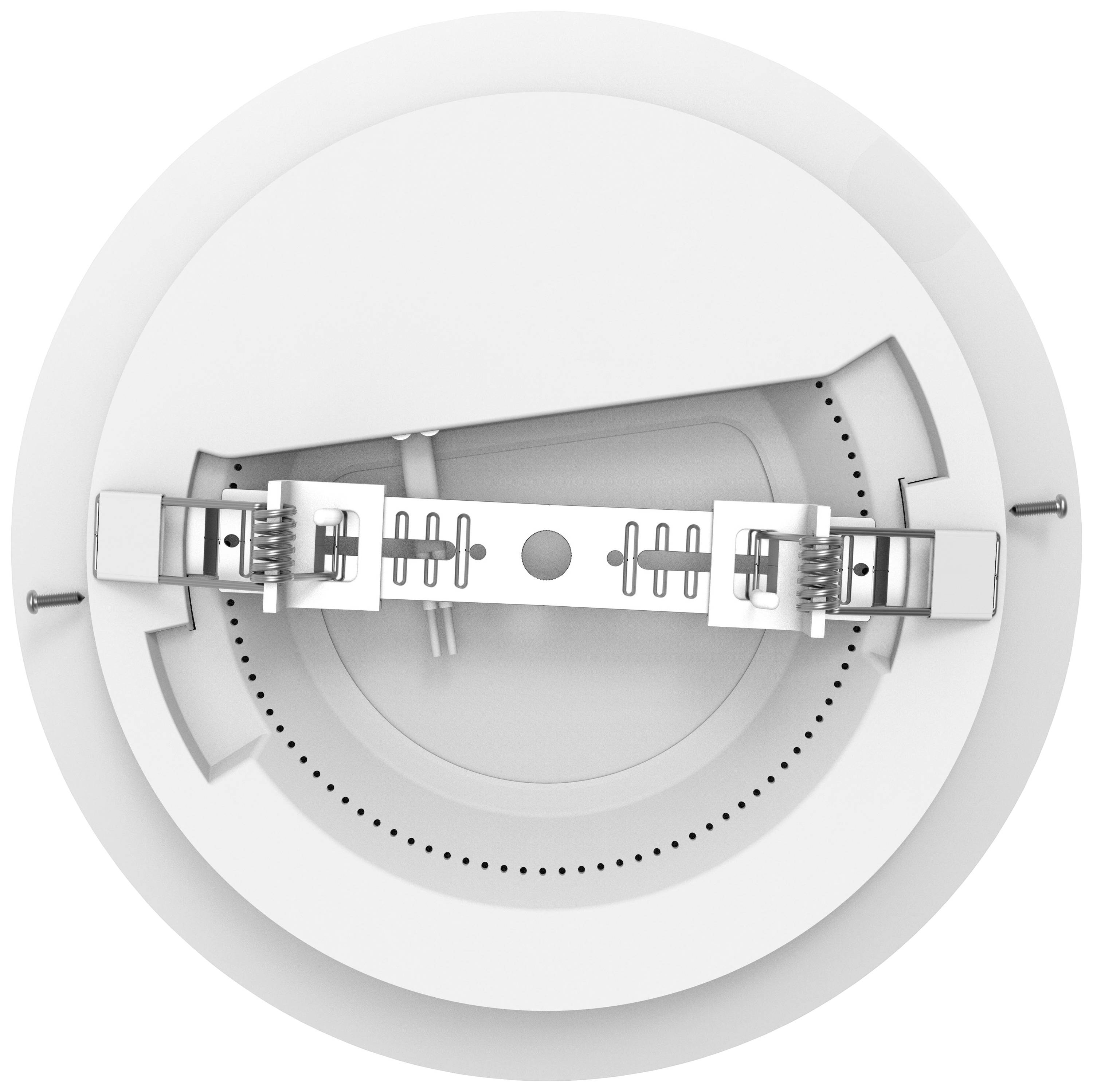 Plafonnier vu de dessus, montrant les rainures de montage et les vis pour l'installation.