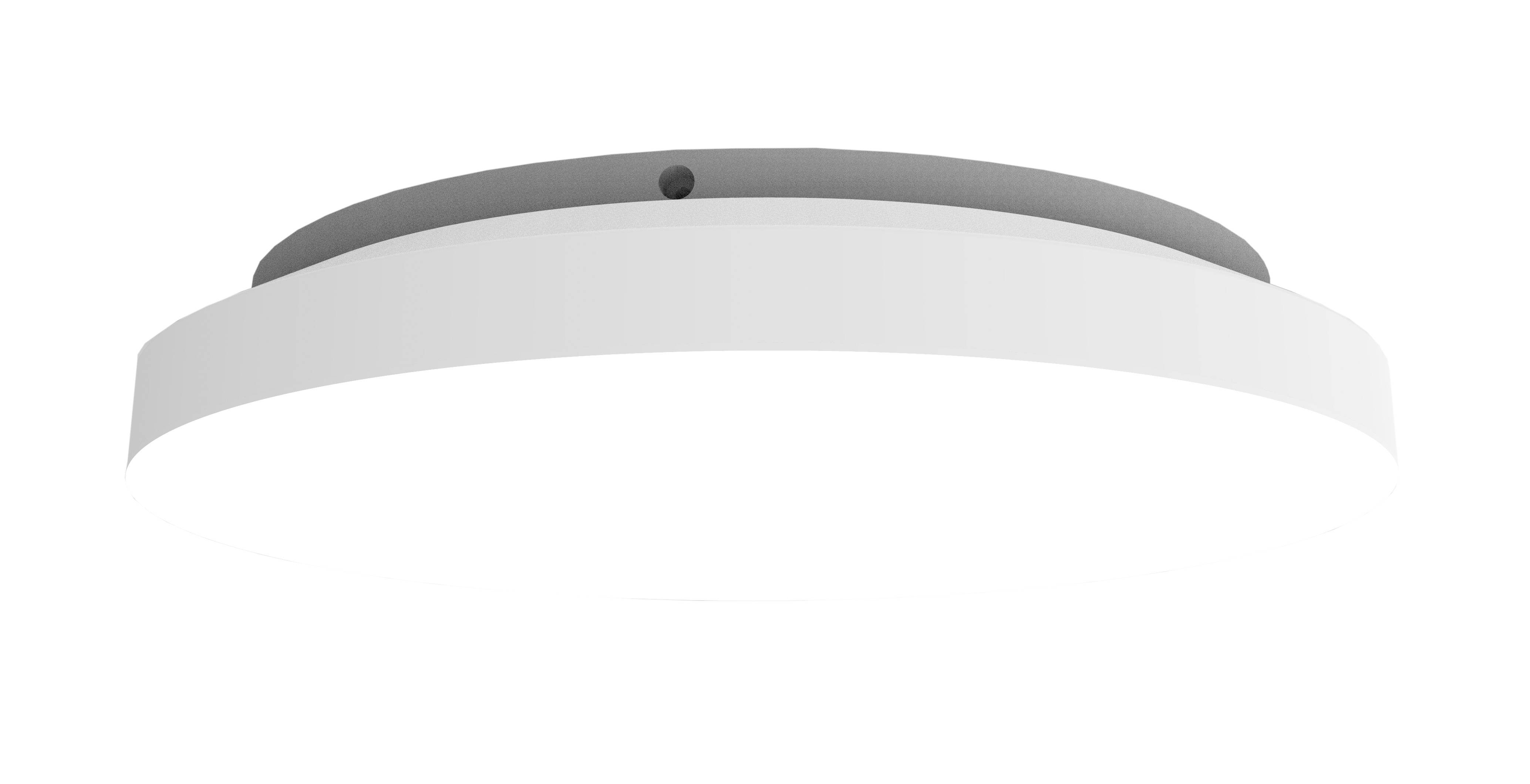 Un luminaire de plafond blanc, rond, avec un support gris, au design plat et moderne, sur un fond blanc.