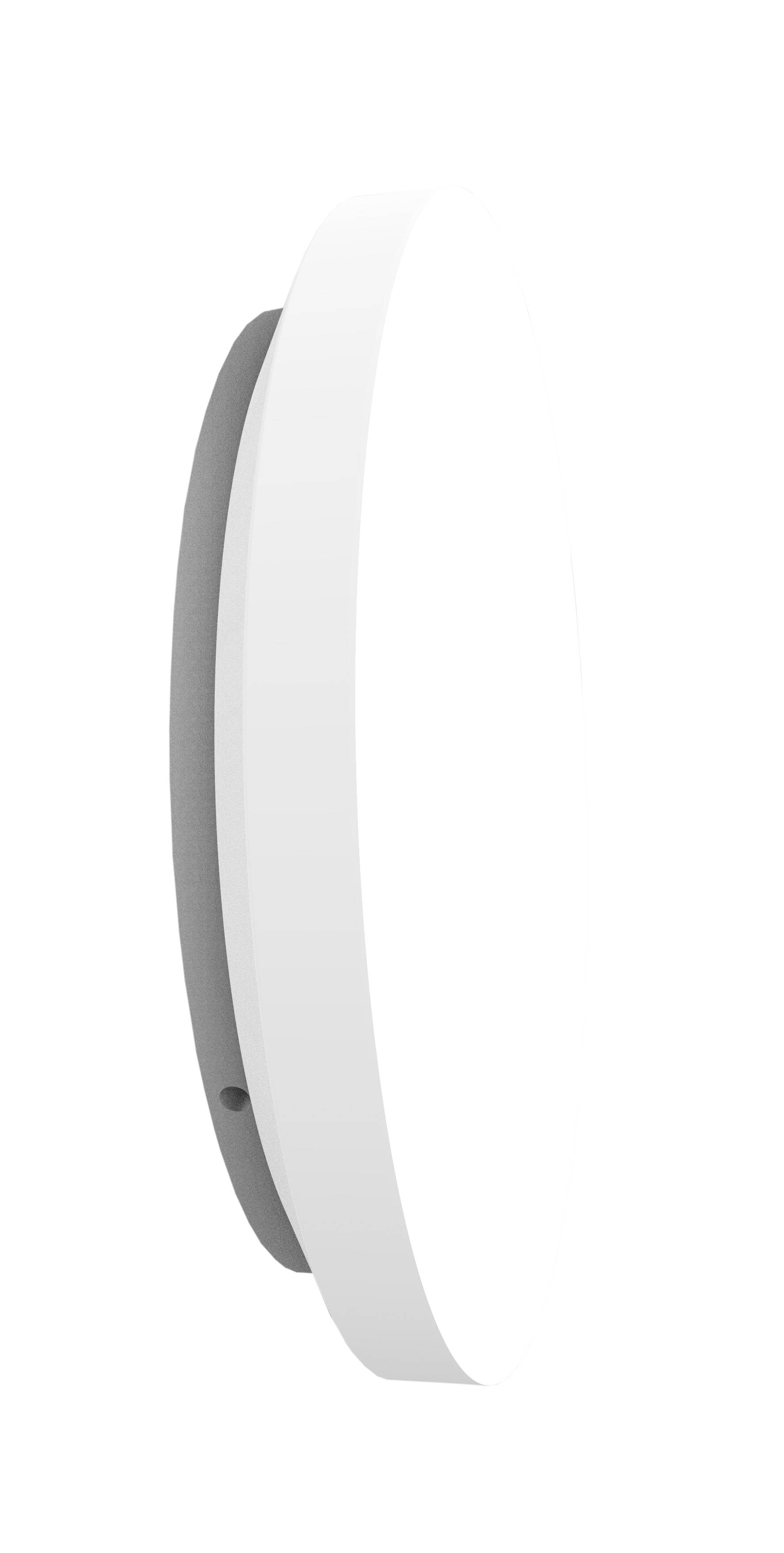 Un applique murale rond, blanc avec un dos gris, diffusant une lumière douce contre un mur. Design minimaliste, idéal pour les intérieurs modernes.