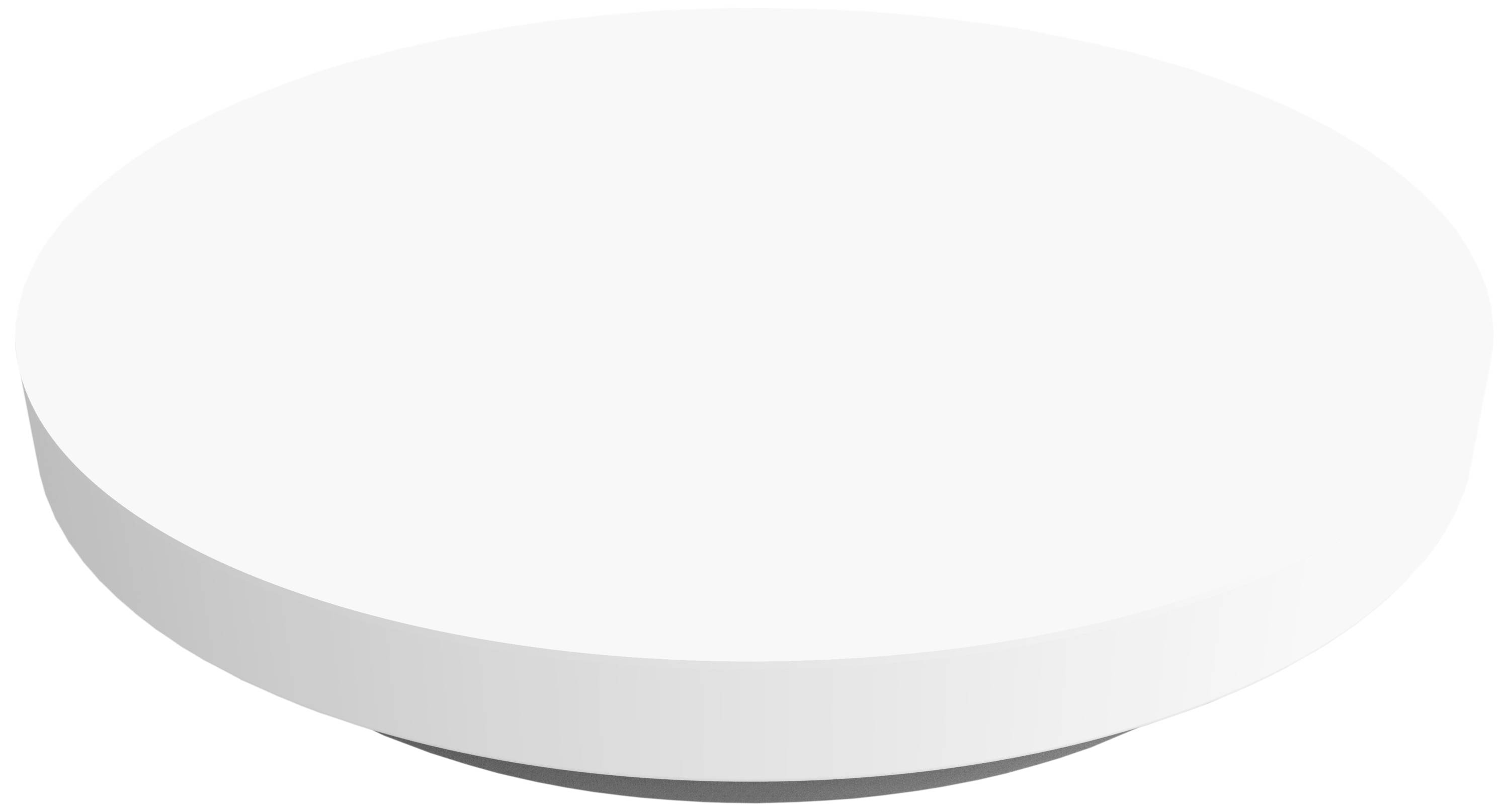 Un disque rond, blanc et tridimensionnel sur un fond neutre.