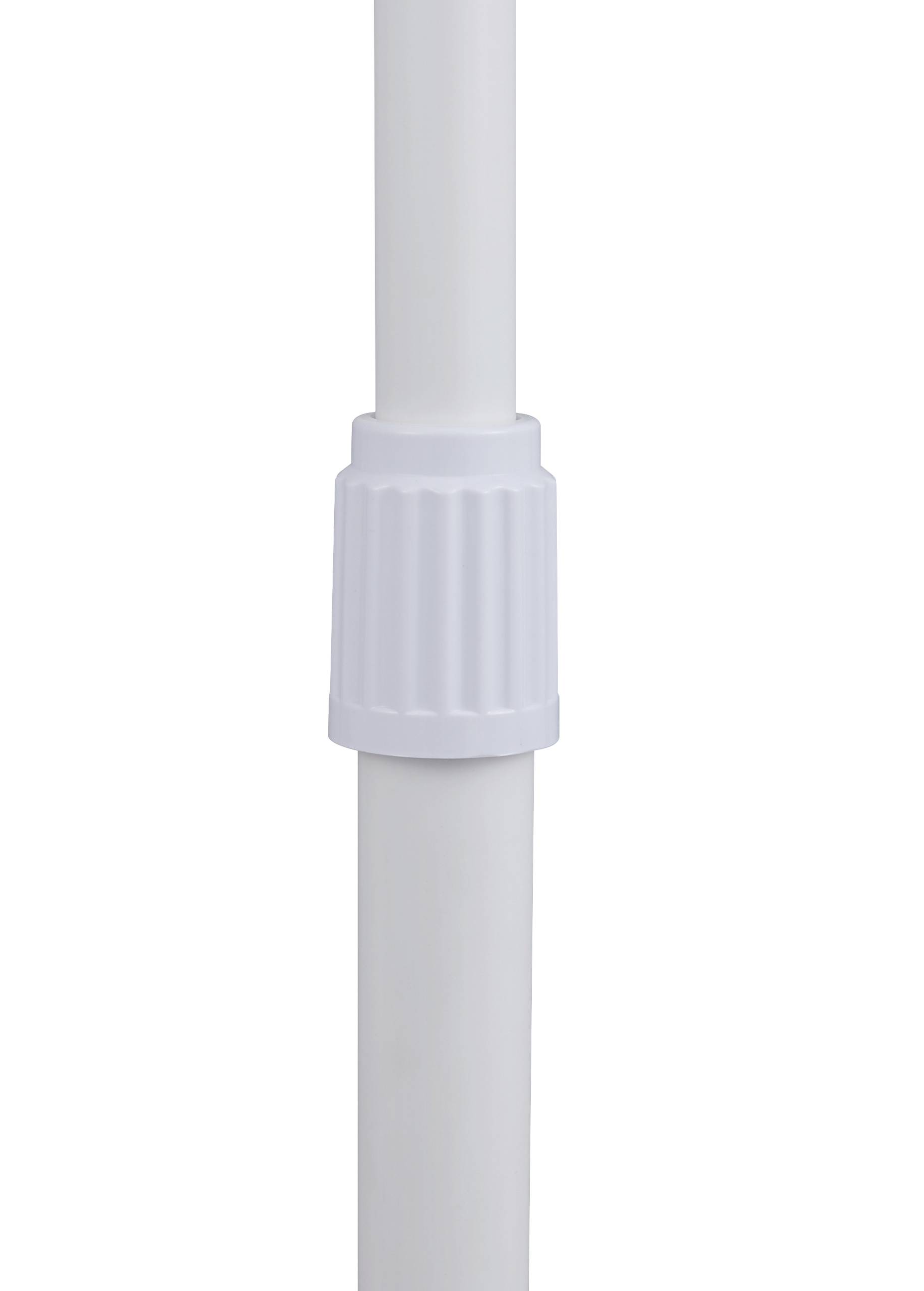 Tige en plastique blanc avec un connecteur strié au milieu. Design simple et fonctionnel.