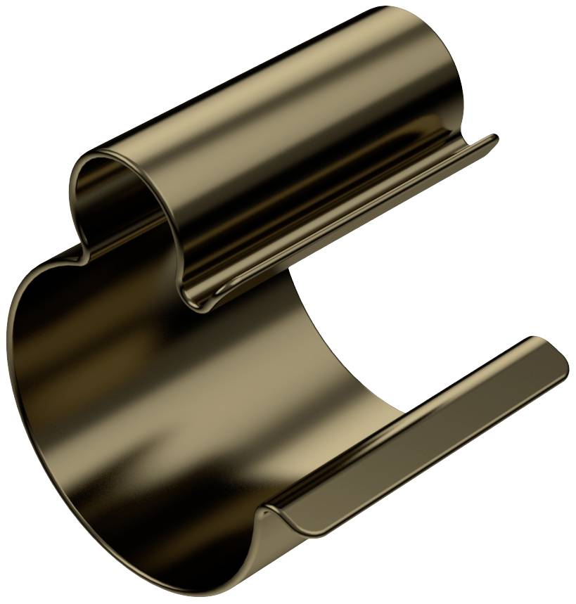 Une pince métallique de couleur bronze avec un design incurvé, probablement utilisée pour la gestion des câbles ou la fixation de matériaux.