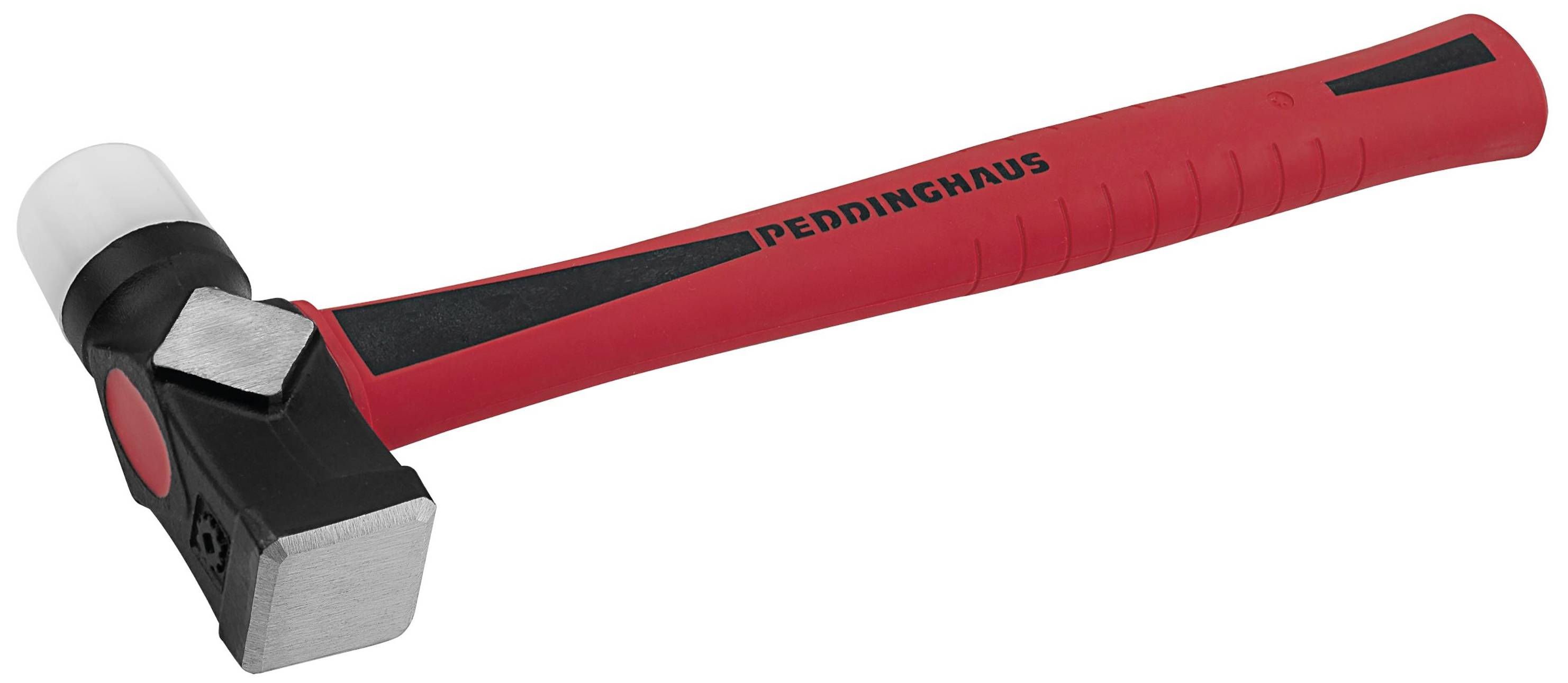 Un marteau avec une poignée rouge et une tête noire sur laquelle est inscrit 'Peddinghaus'. Le marteau possède une surface de frappe blanche et noire.