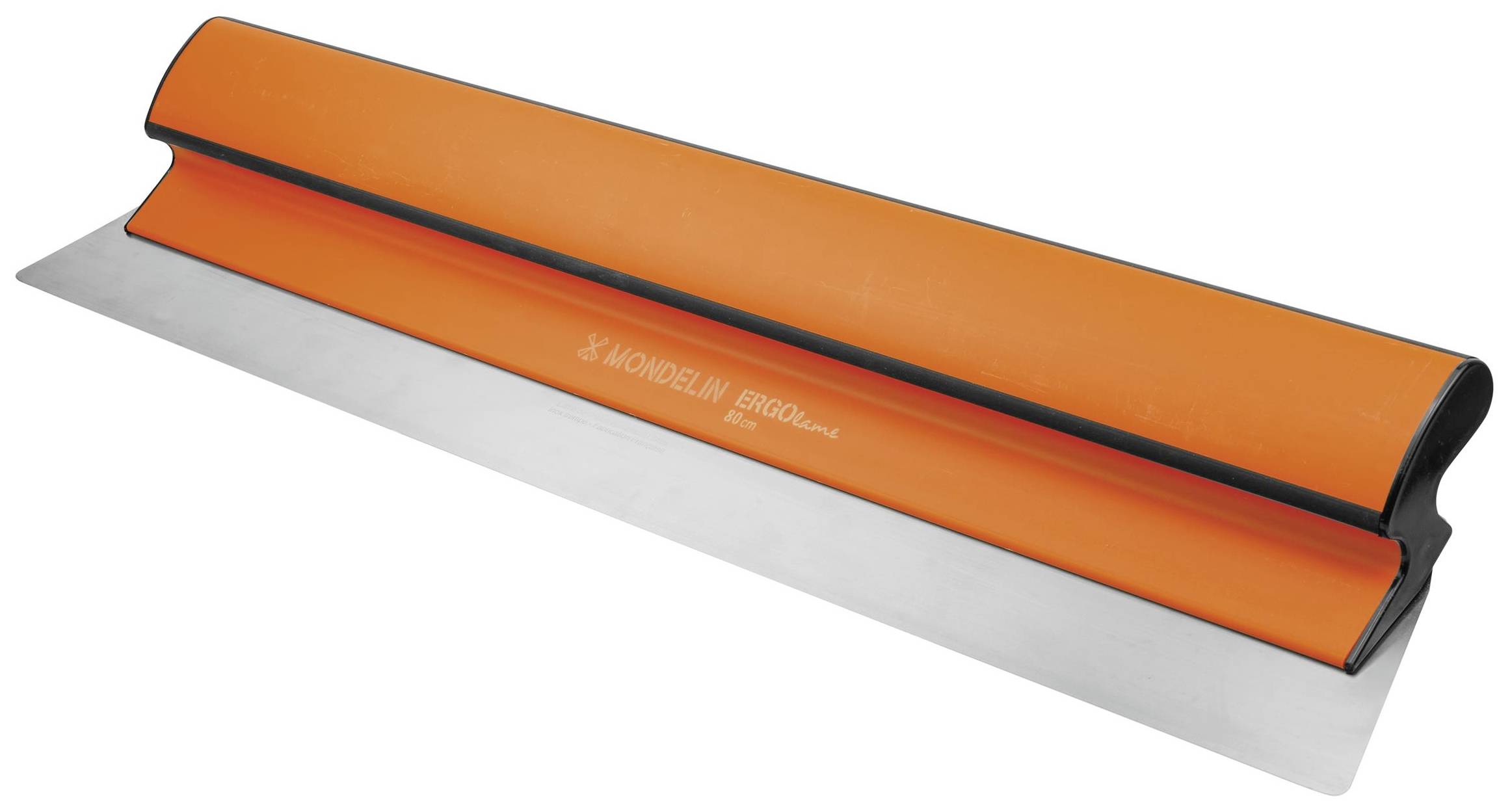 Une longue spatule de lissage orange avec bordure métallique, adaptée pour lisser les surfaces lors de travaux de construction et de rénovation.