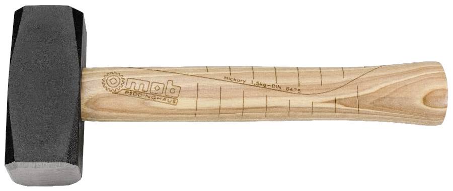 Marteau lourd noir avec manche en bois, portant des marquages et le logo 'mob'.