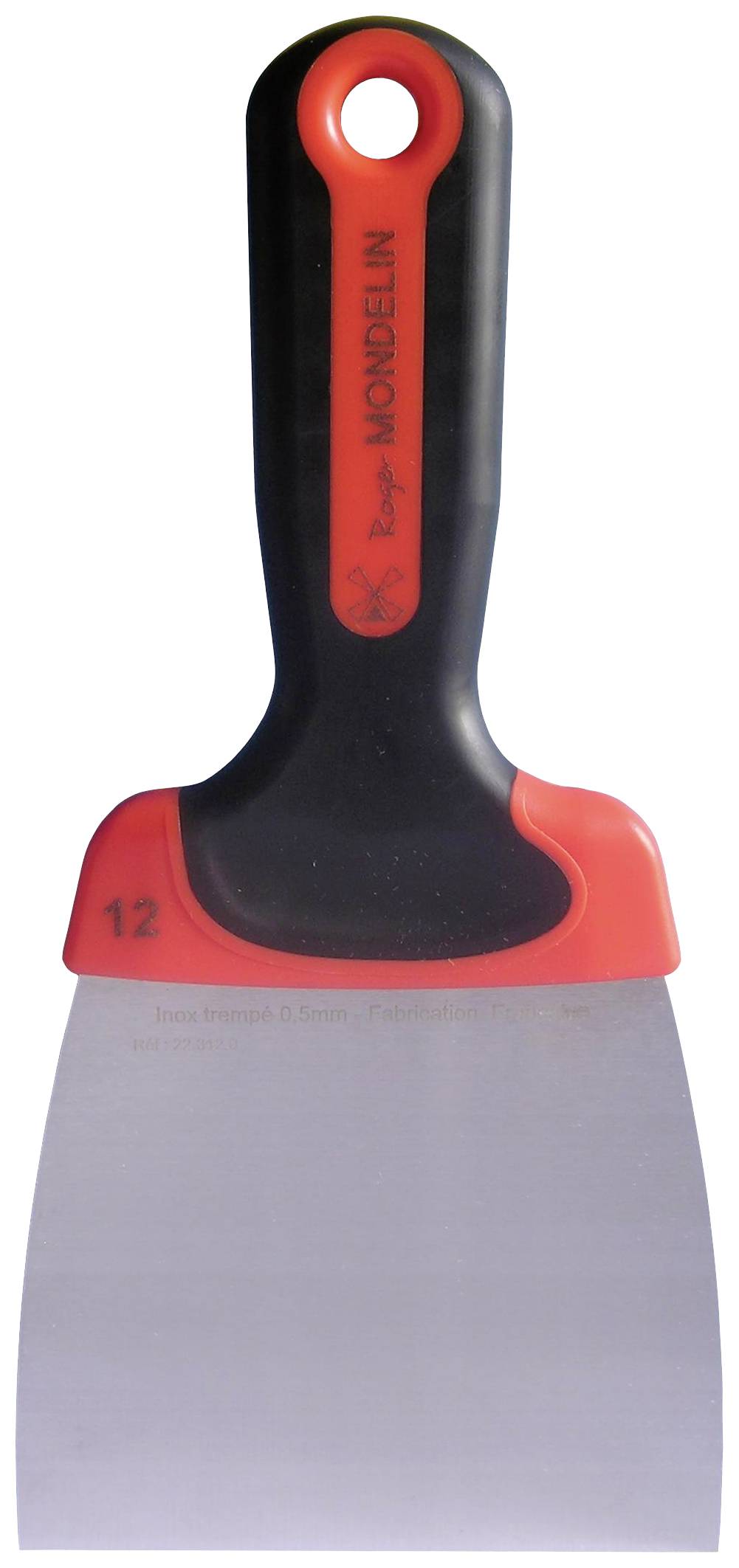Spatule en acier avec manche noir et accent rouge, idéale pour lisser et gratter les surfaces lors de travaux de construction et de peinture.