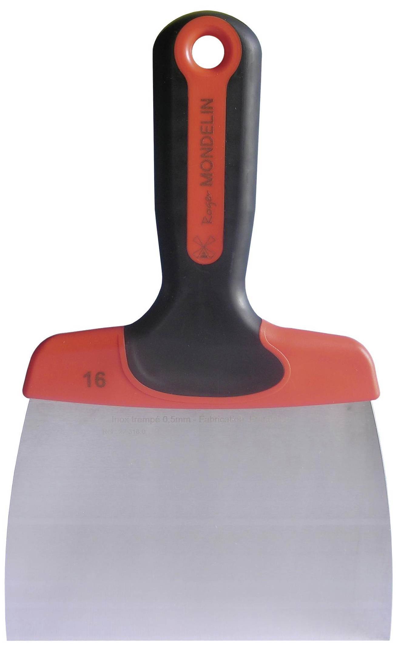 Large spatule de peintre multifonction avec poignée rouge et noire, adaptée pour lisser ou étaler des colles et des peintures.