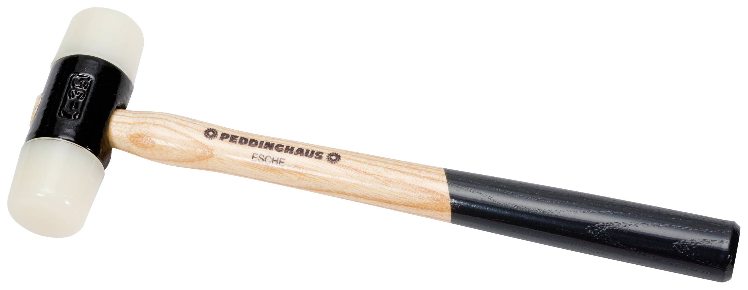 Marteau en caoutchouc avec manche en bois et tête blanche sur laquelle est inscrit le nom de marque 'Peddinghaus'.