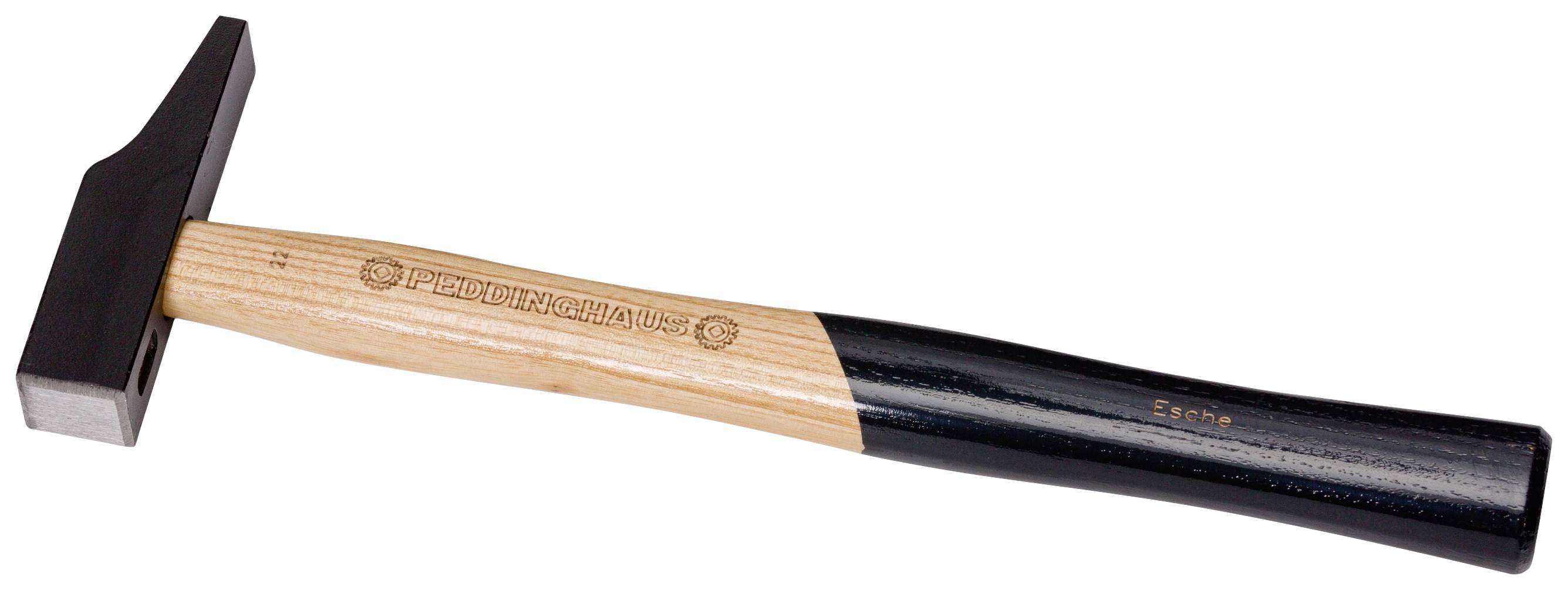 Un marteau avec un manche en bois et une tête noire. Le manche porte le mot 'Frêne'.