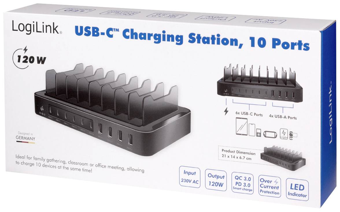 'Station de charge LogiLink avec 10 ports USB-C, puissance de 120W. Adaptée au bureau ou à la maison, permet de charger jusqu'à 10 appareils simultanément.'