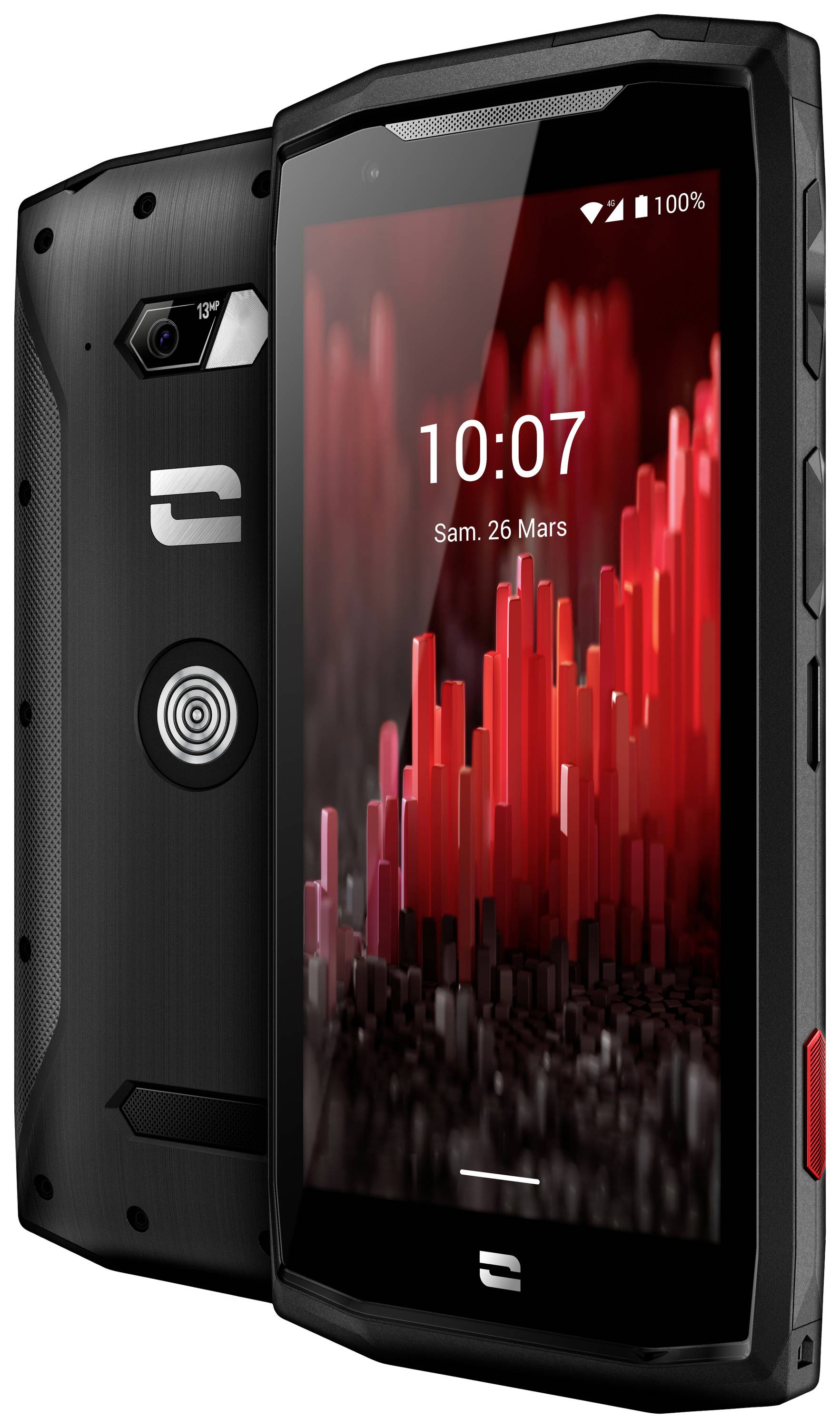 Deux smartphones robustes côte à côte, l'un affichant un écran rayé rouge et noir. Ils semblent résistants et technologiquement avancés.