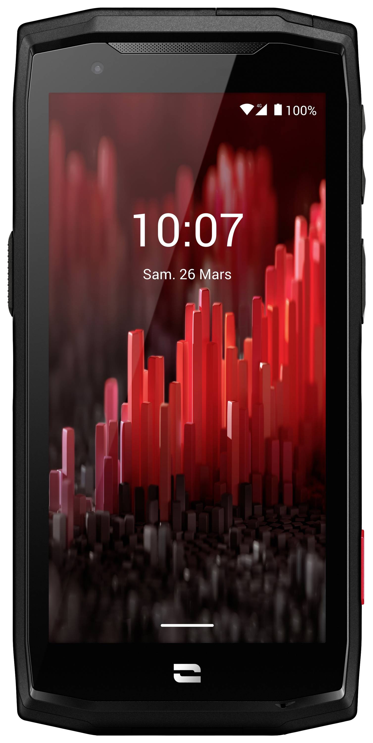 Un smartphone affiche sur son écran un graphique abstrait avec des formes rouges et noires, ainsi que l'heure '10:07' le 'Sam. 26 Mars'.