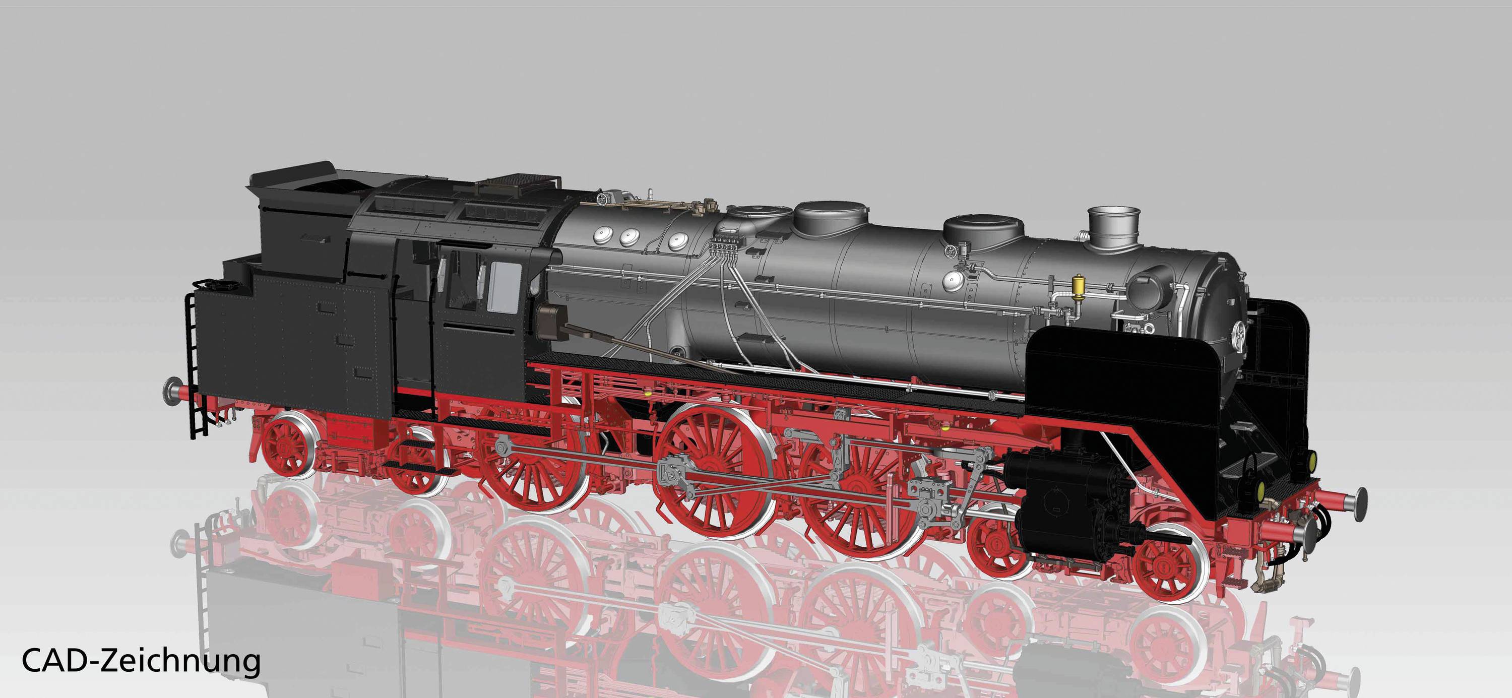 Dessin CAO d'une locomotive à vapeur historique avec des roues rouges, une chaudière grise et de nombreux détails techniques sur un fond clair.