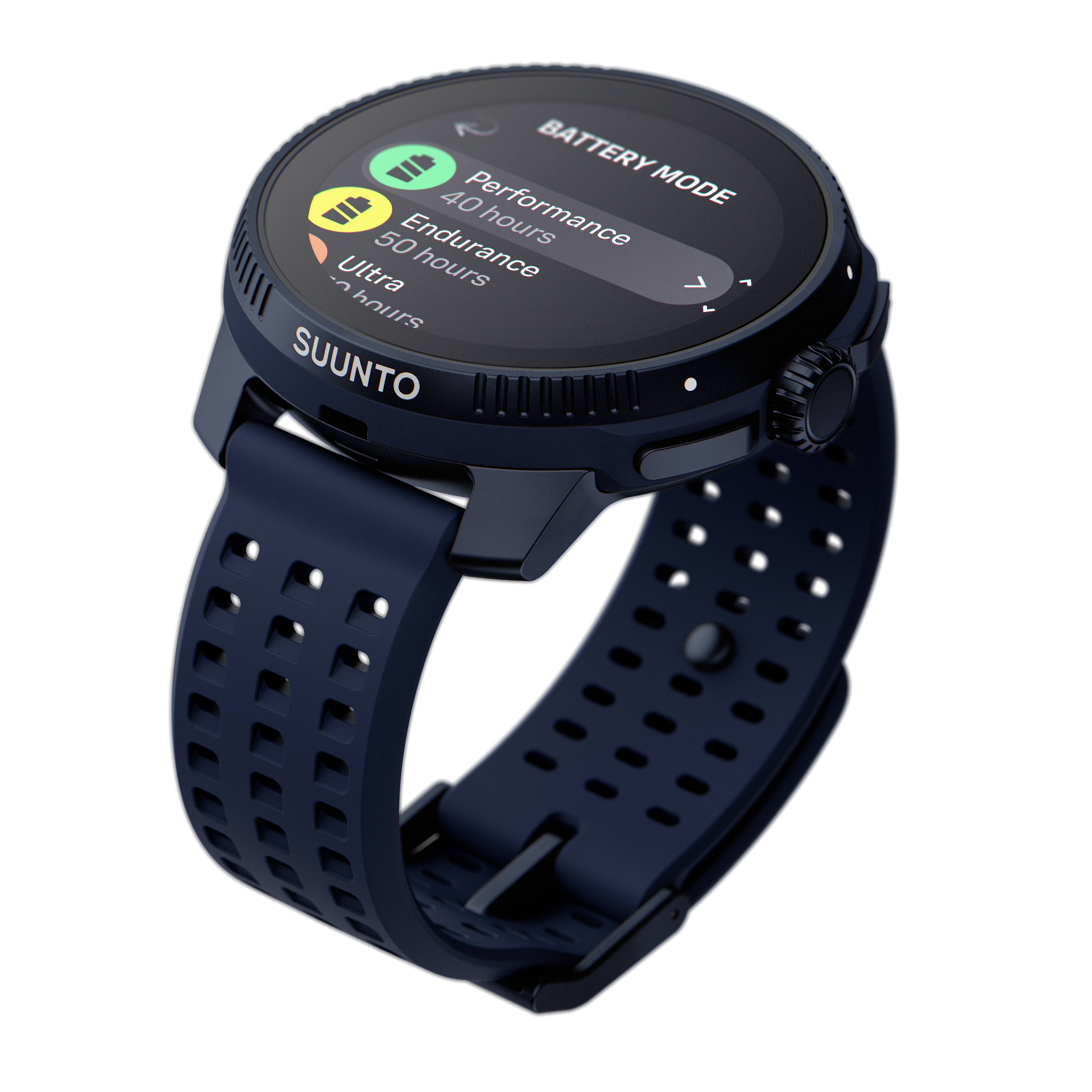 Montre connectée au design bleu marine, affichant le mode batterie et la durée d'utilisation restante dans différents modes.