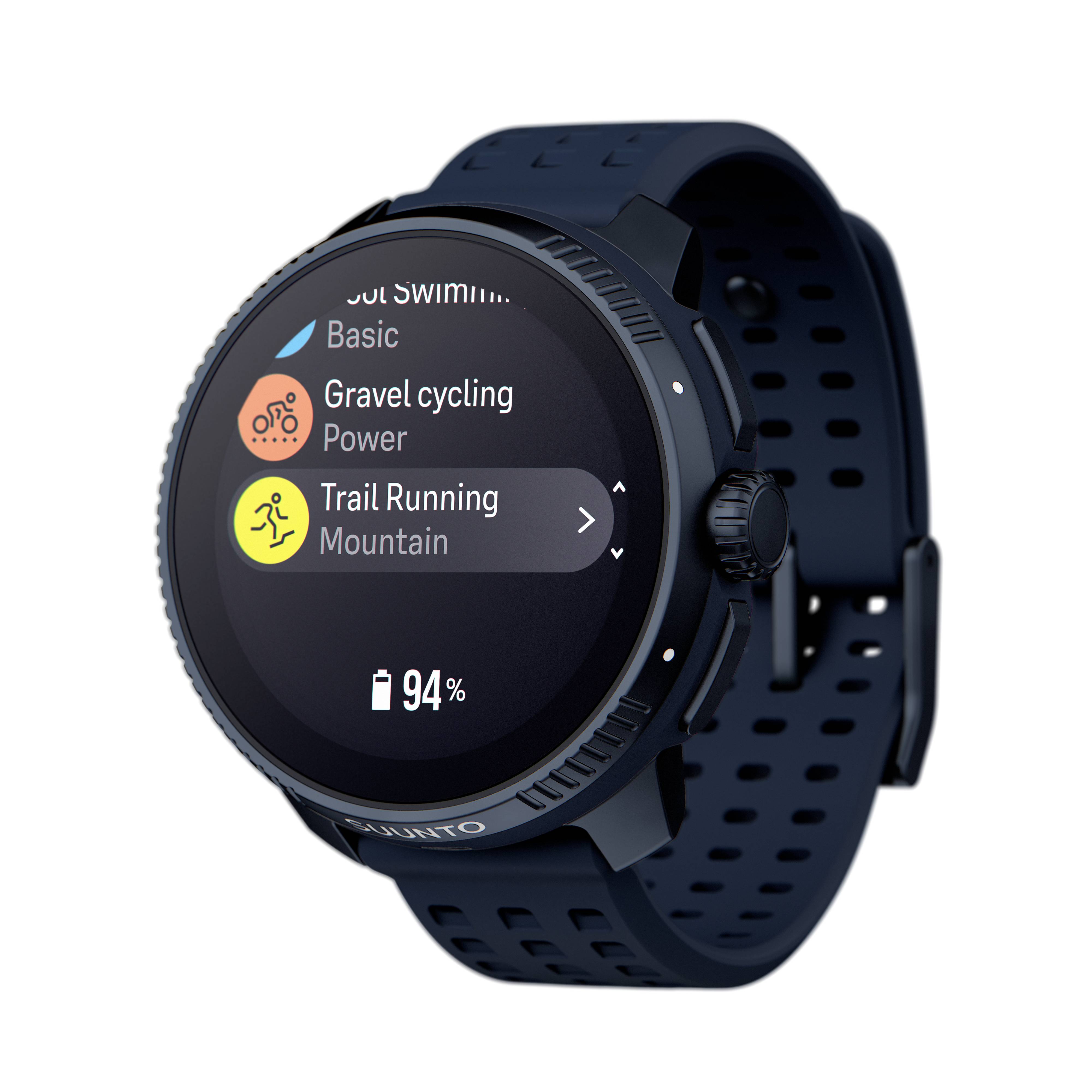 Une montre connectée noire à écran rond affiche des modes sportifs tels que 'Gravel Cycling' et 'Trail Running', ainsi que le niveau de batterie à 94%.