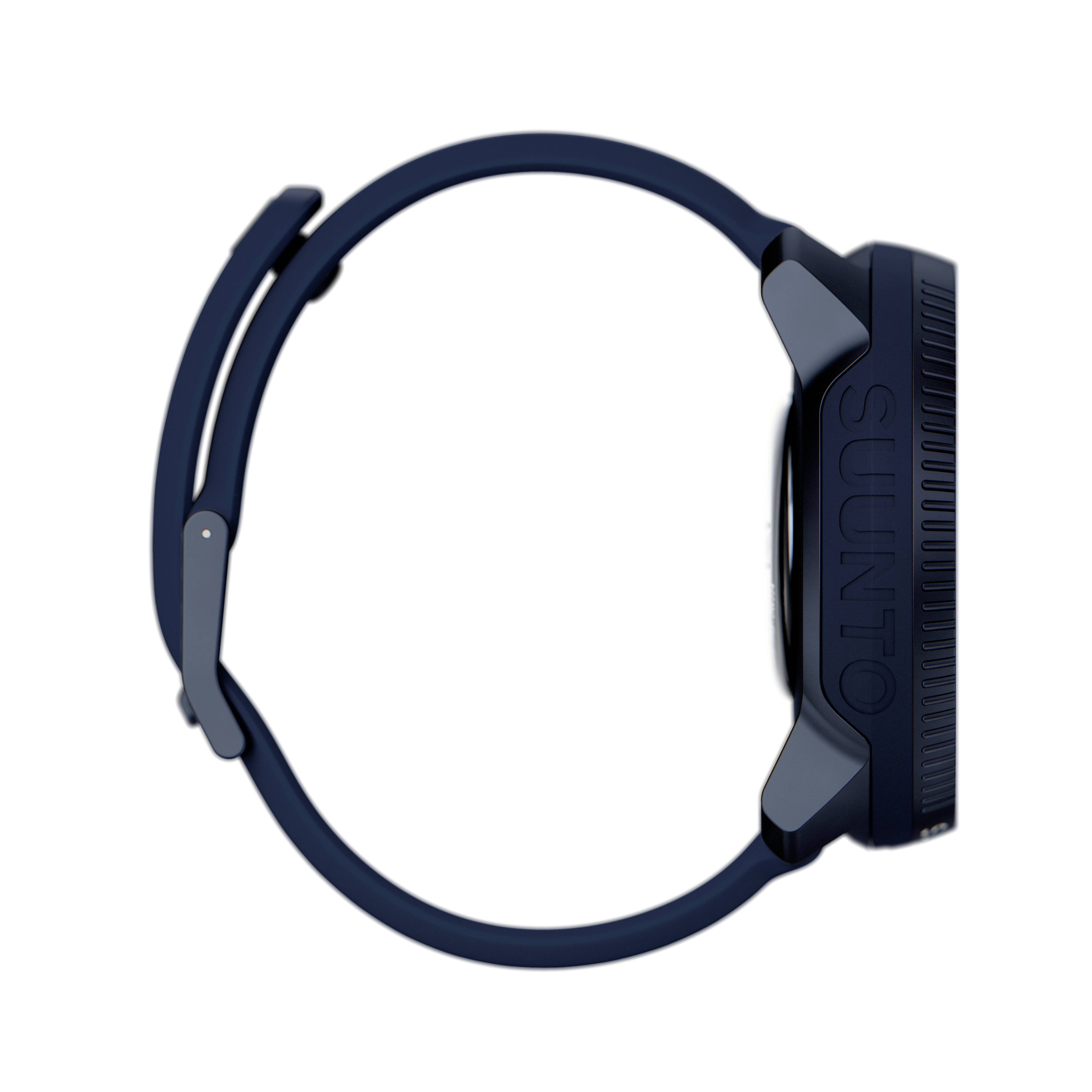 Bracelet bleu d'une montre de sport avec vue latérale du boîtier.