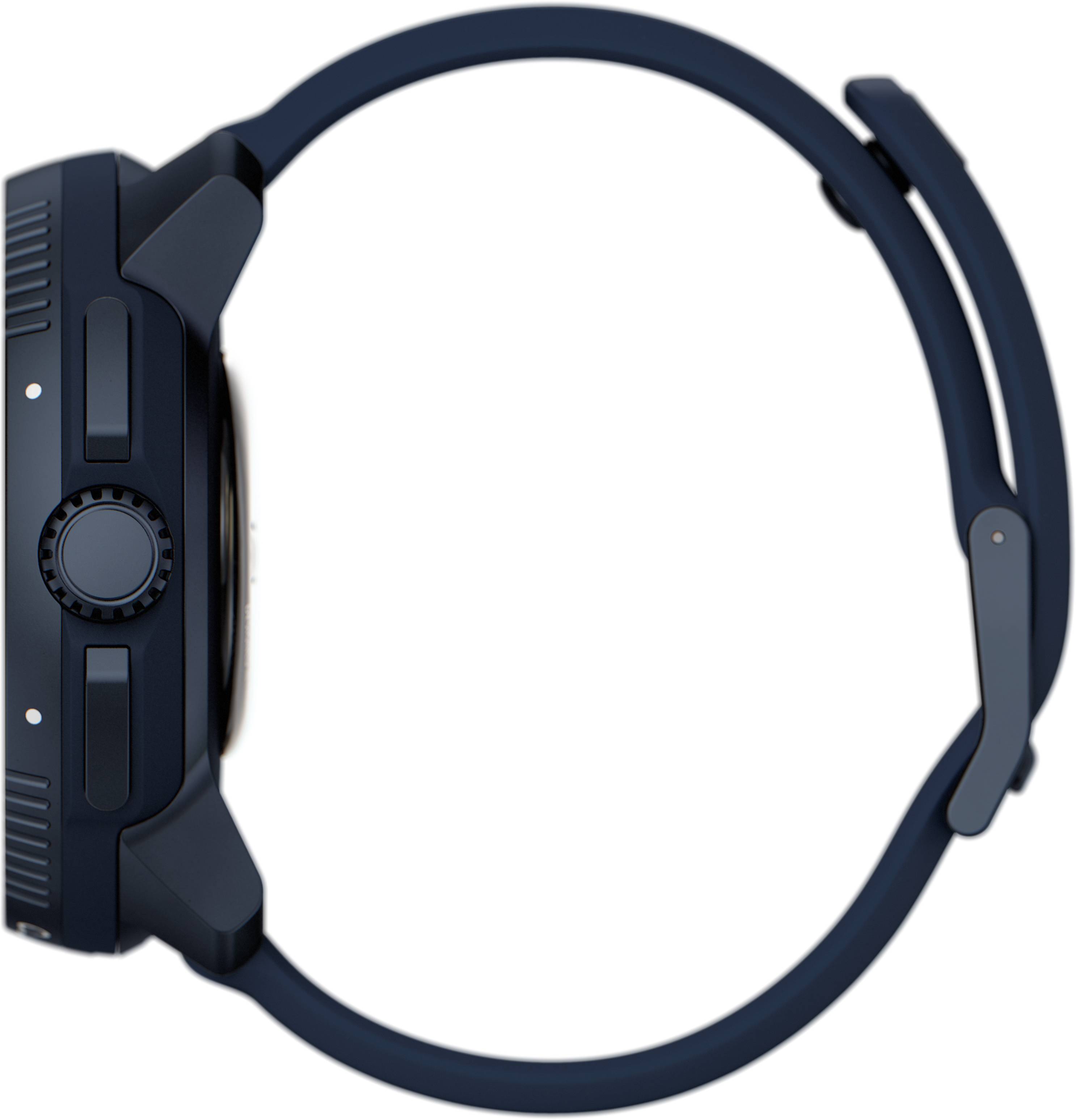 Le côté d'une montre-bracelet moderne au boîtier distinctif et au cadran bleu marine structuré.