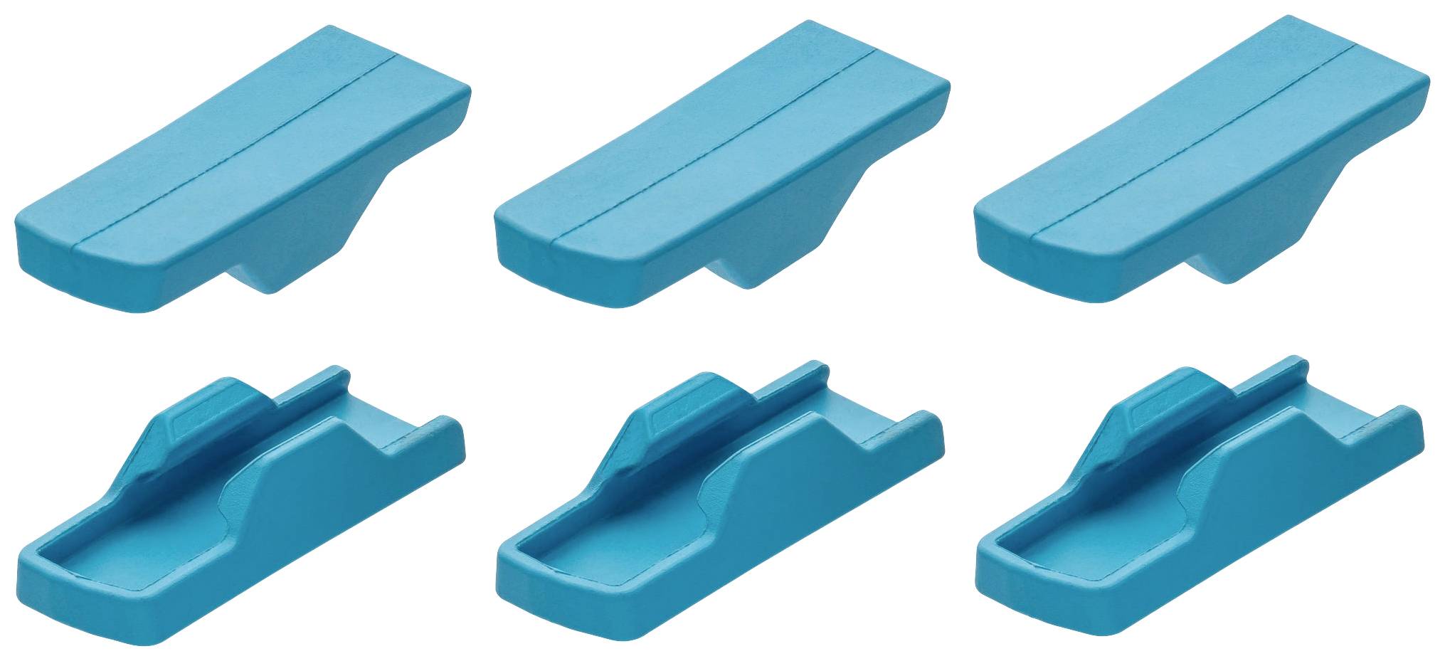 Six pièces en plastique bleu, disposées côte à côte en deux rangées. En haut, des pièces plates, en bas avec un bord de support surélevé.